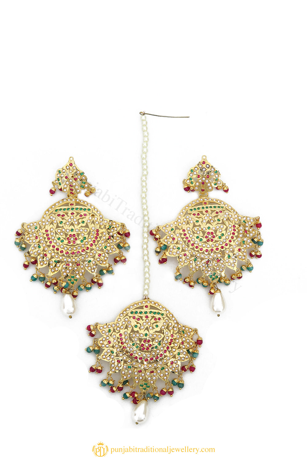 Gold Finished Earrings & Tikka Set by PTJ