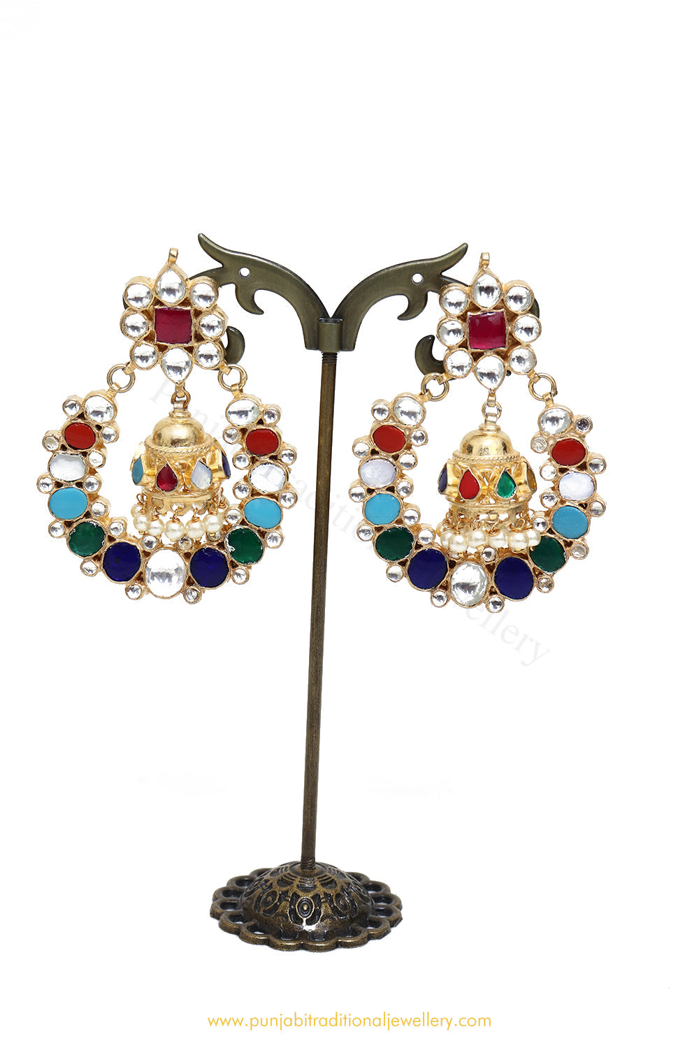Gold Finished Kundan Navratan Earrings by PTJ