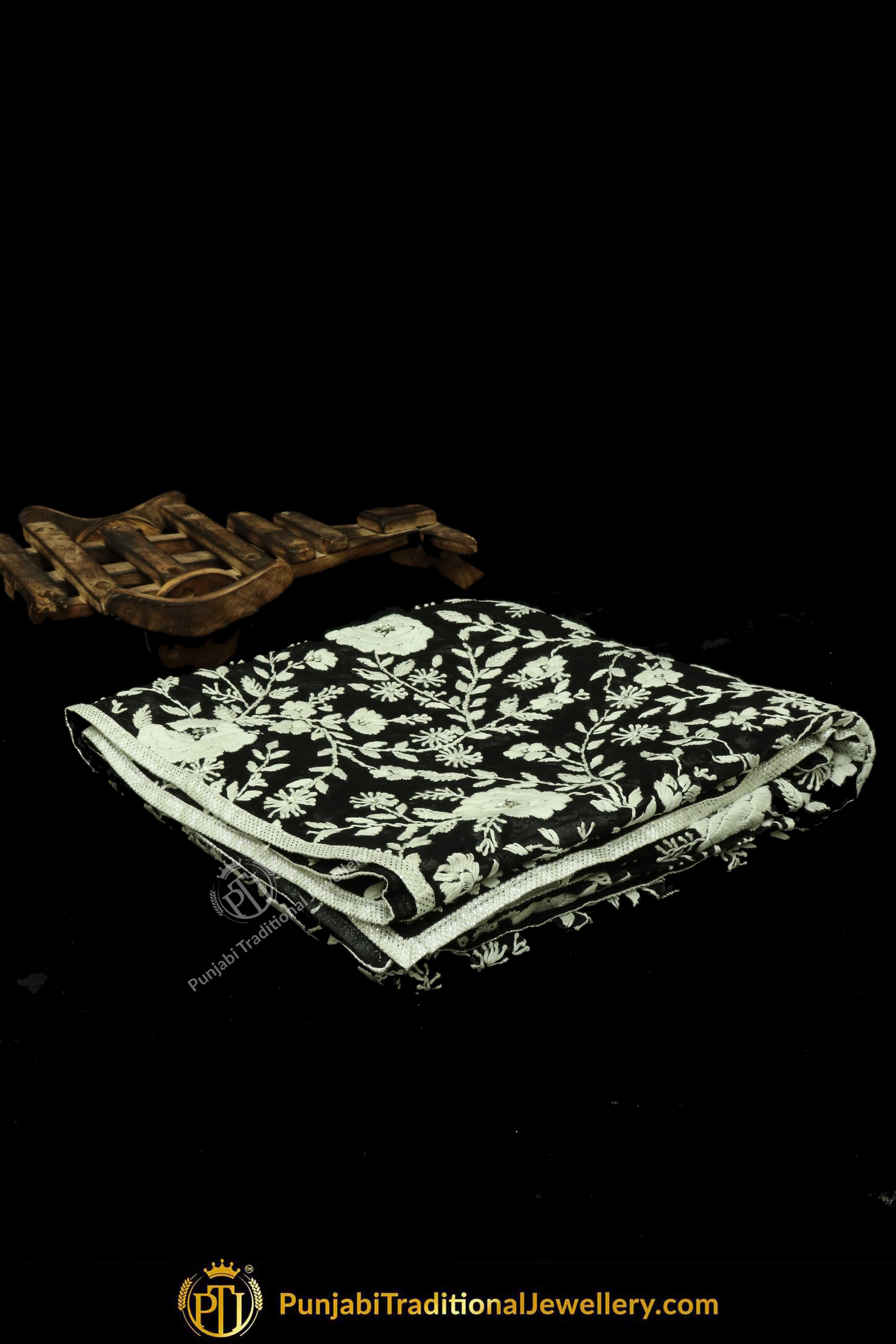 Black & White Color Pure Phulkari Dupatta By Punjabi Traditional Jewellery