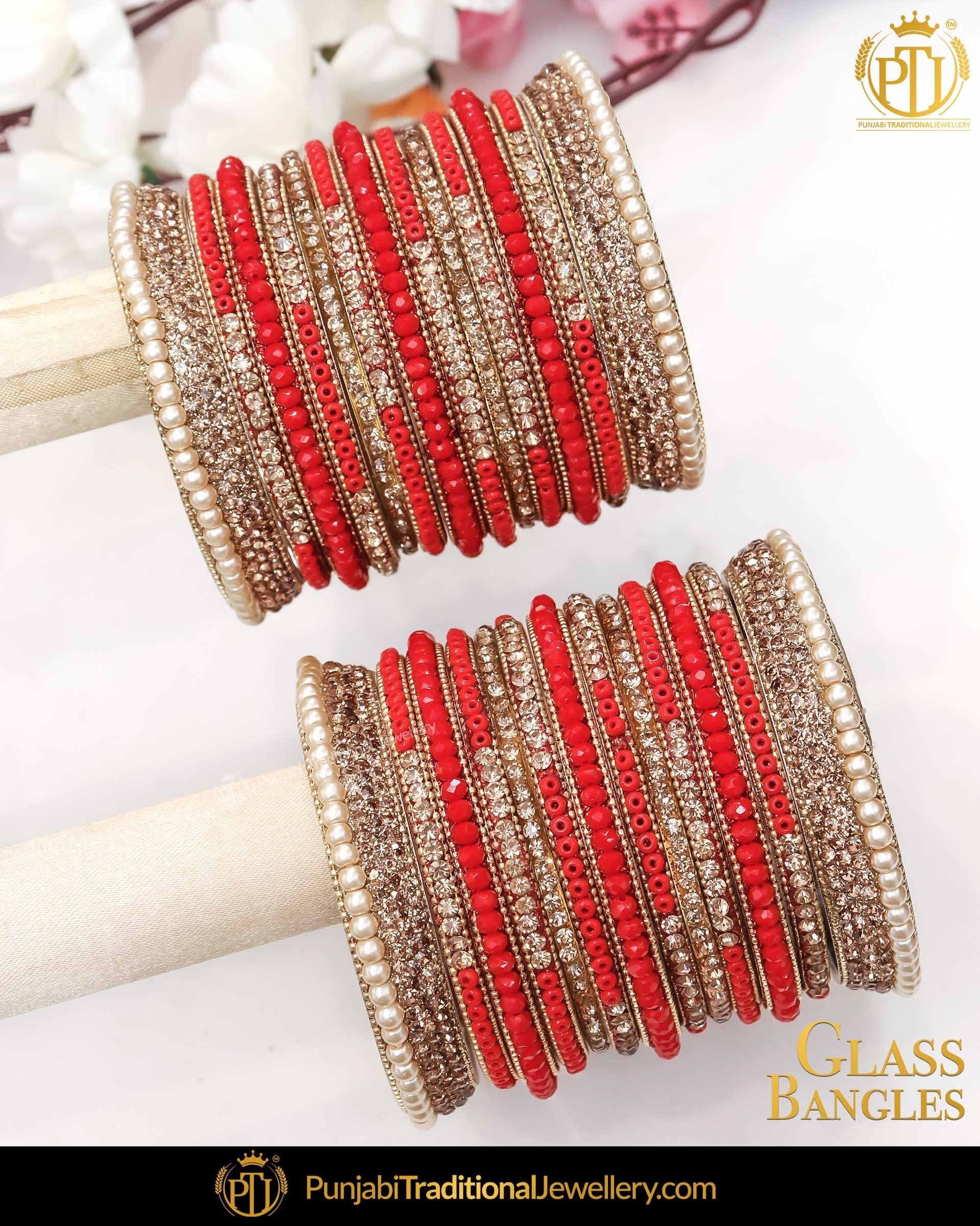 Red & Gold (For Both Hands) Glass Bangles Set | Punjabi Traditional Jewellery Exclusive