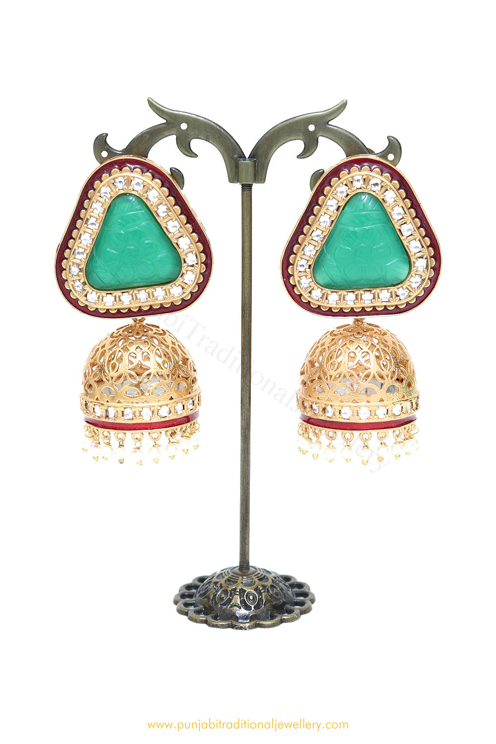 Gold Finished Rubby Emerald Kundan Jhumki Earrings by PTJ