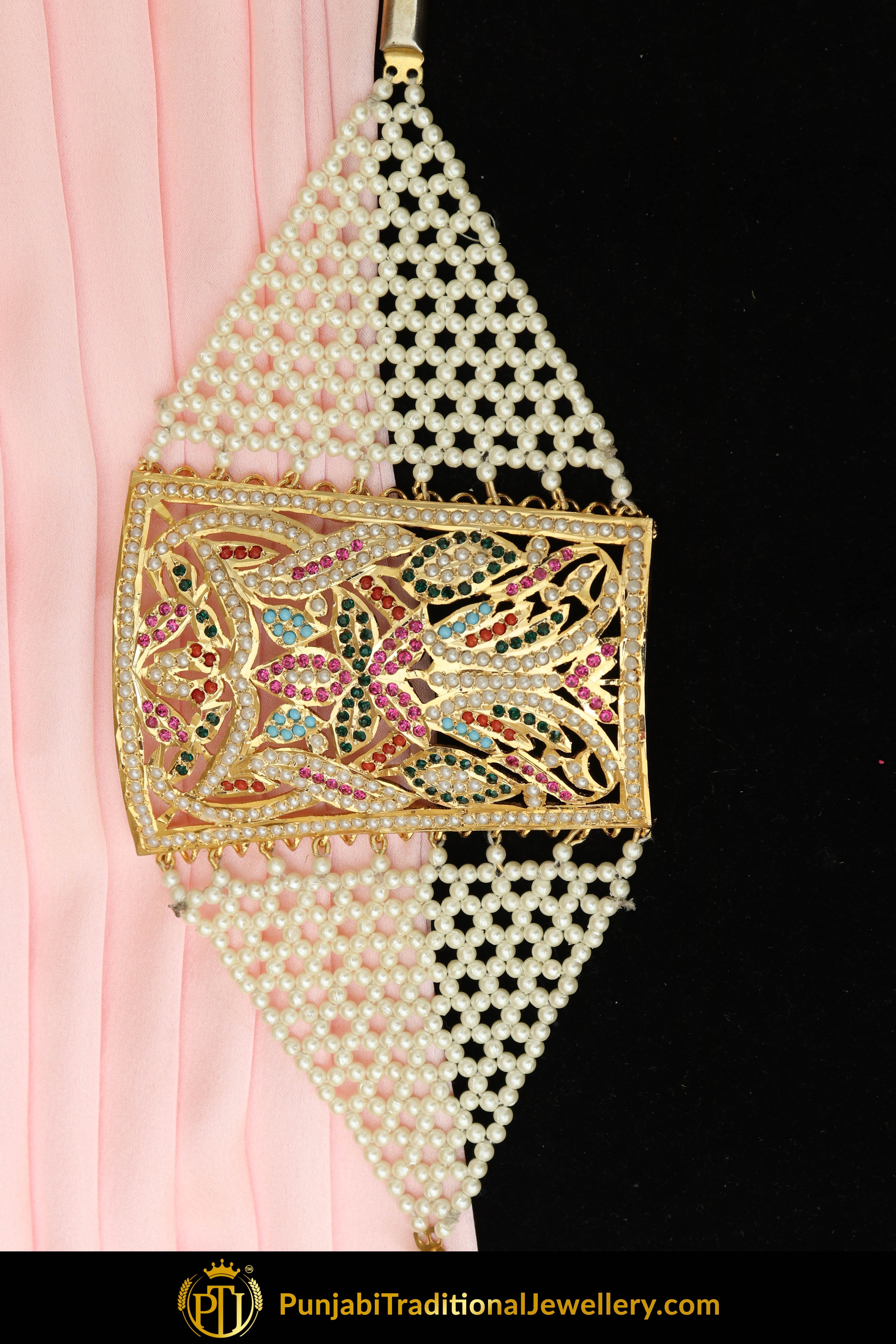 Gold Finished Navratan Jadau Bracelet | Punjabi Traditional Jewellery Exclusive