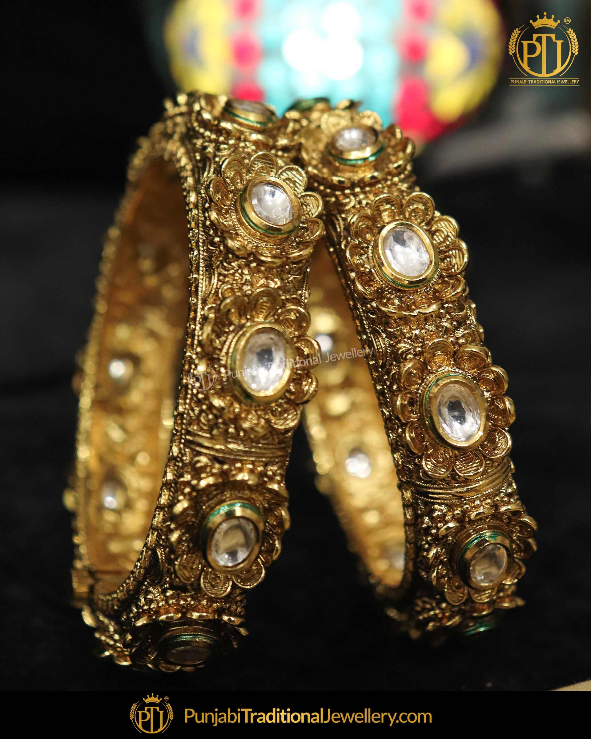 Antique Gold Finished Kundan Gokhdu bangles Openable Bangles (Pair) | Punjabi Traditional Jewellery Exclusive
