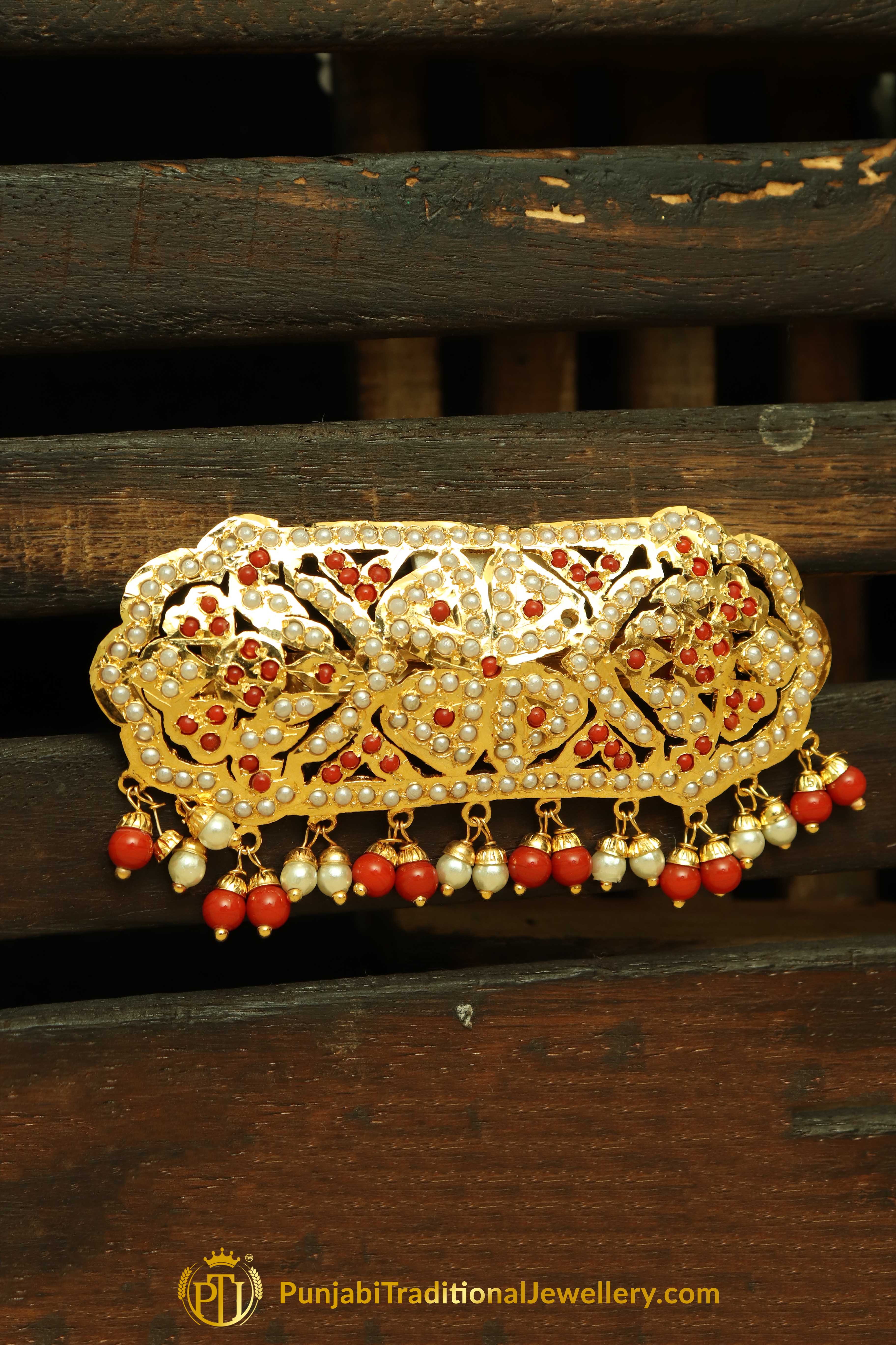 Gold Finished Rubby Pearl Jadau Clip Hair Accessories By Punjabi Traditional Jewellery
