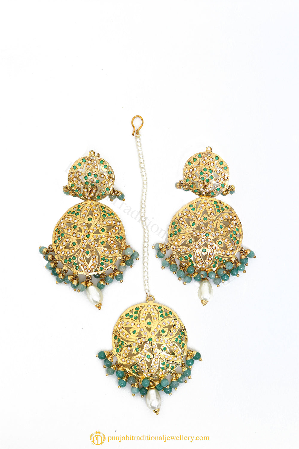 Gold Finished Earrings & Tikka Set by PTJ