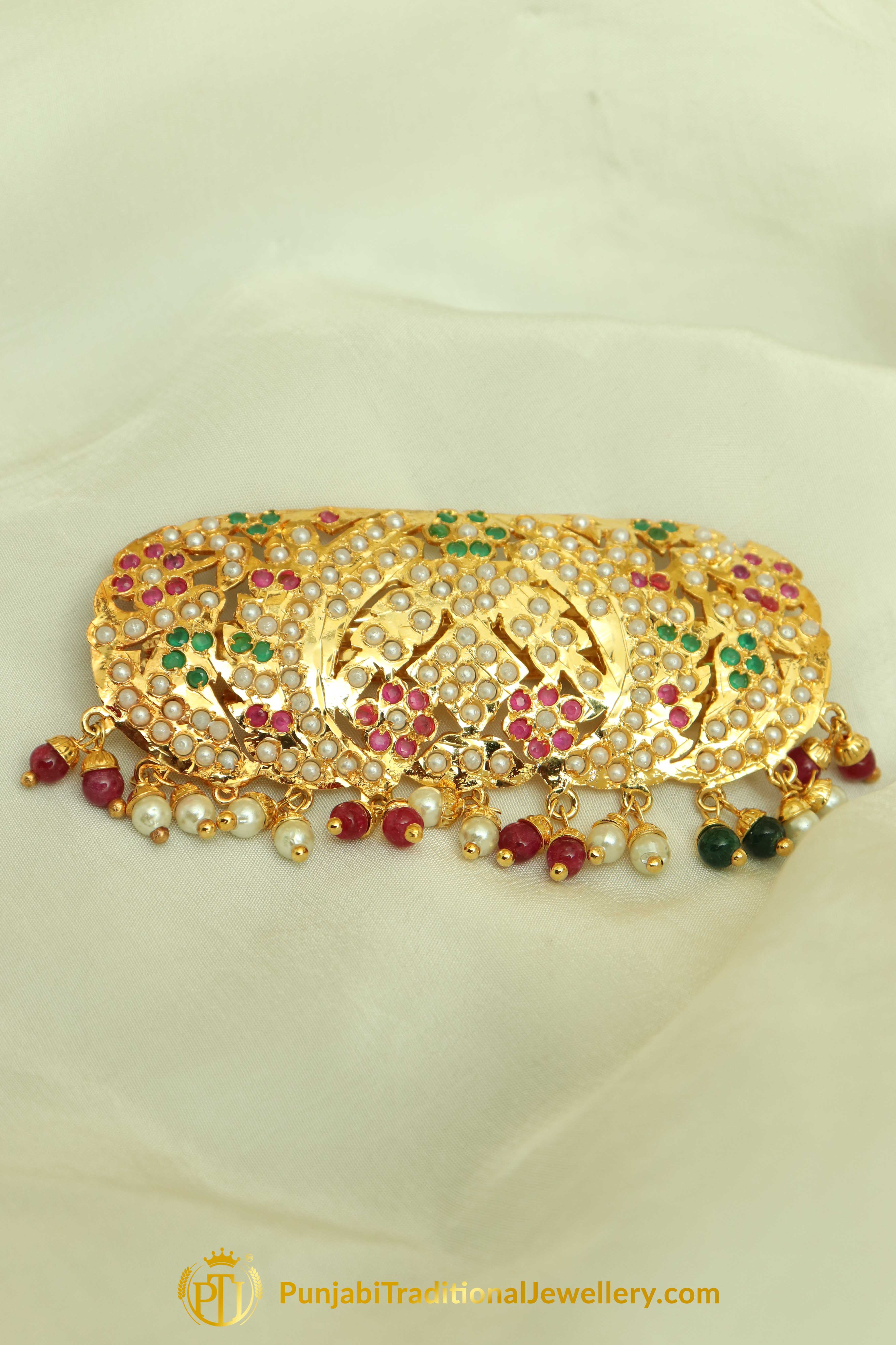 Gold Finished Navratan Pearl Jadau Clip Hair Accessories By Punjabi Traditional Jewellery