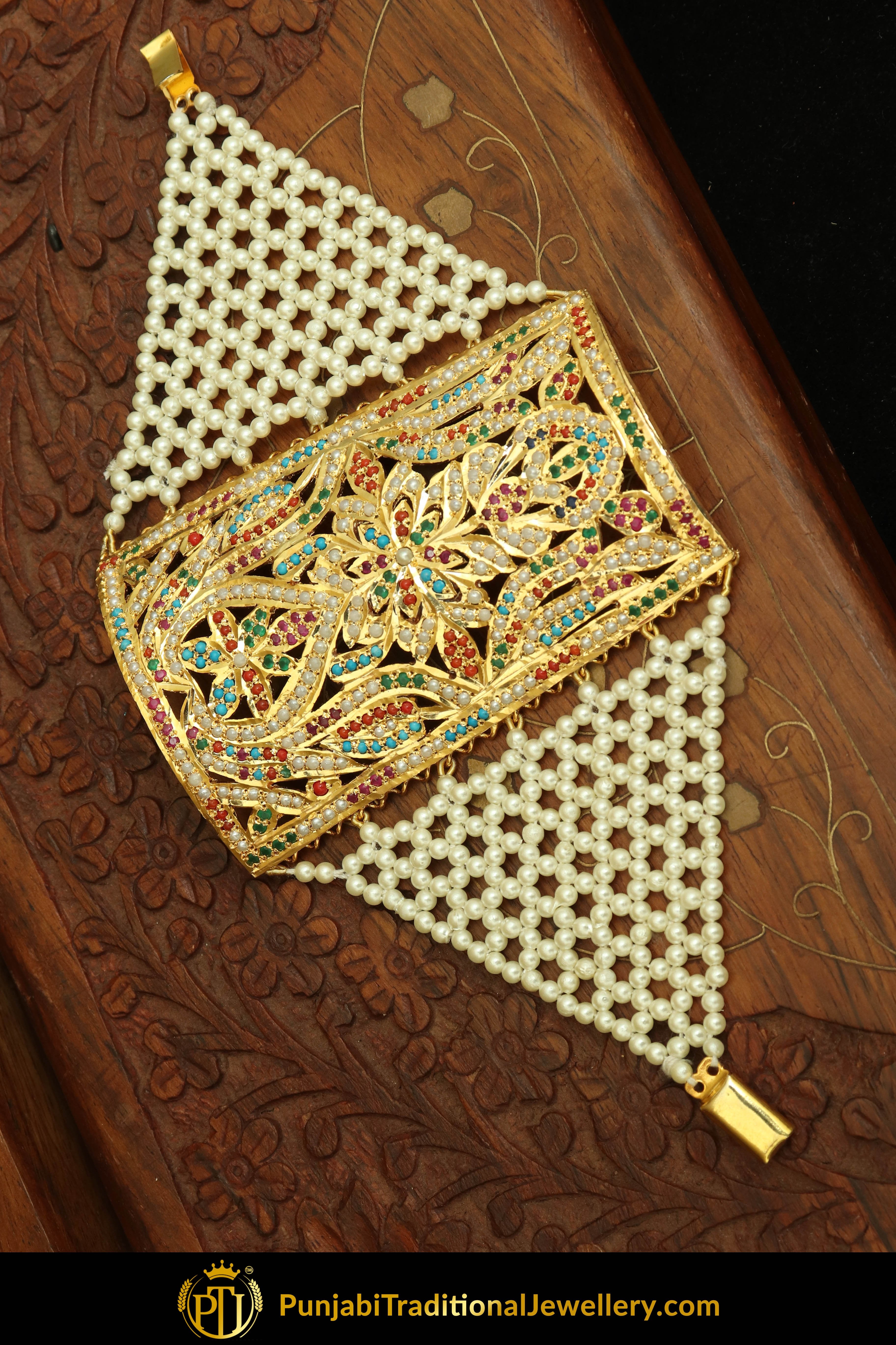 Gold Finished Navratan Jadau Bracelet | Punjabi Traditional Jewellery Exclusive