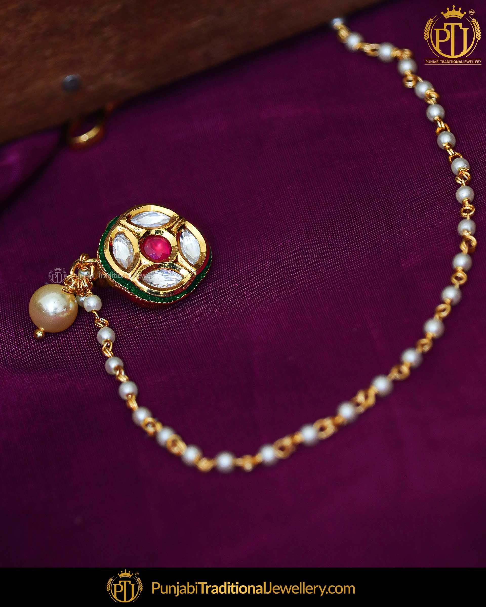 Gold Finished Rubby Kundan Without hole Nose Pin with Chain | Punjabi Traditional Jewellery Exclusive