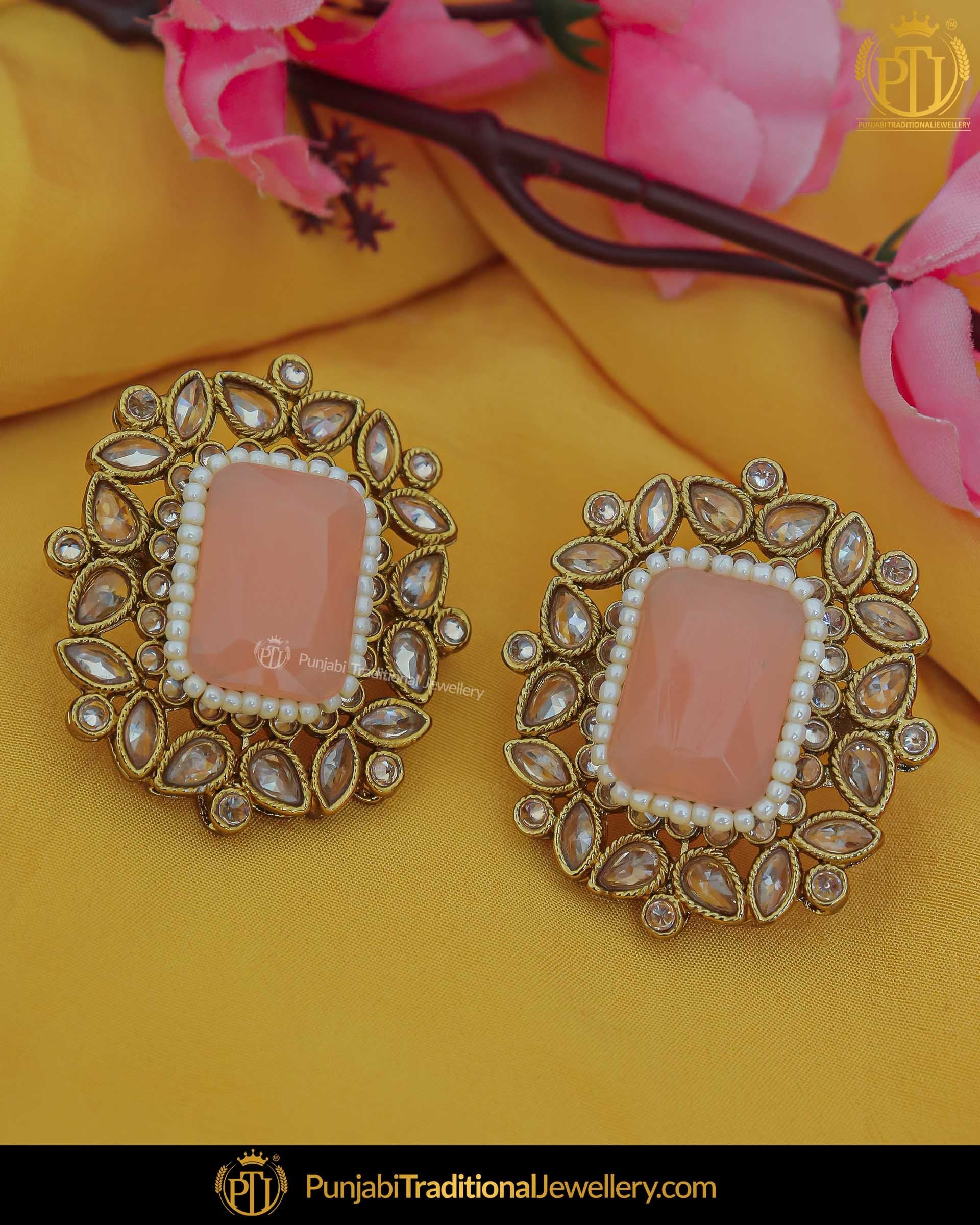 Gold Finished Peach Champagne Stone Stud Earrings | Punjabi Traditional Jewellery Exclusive