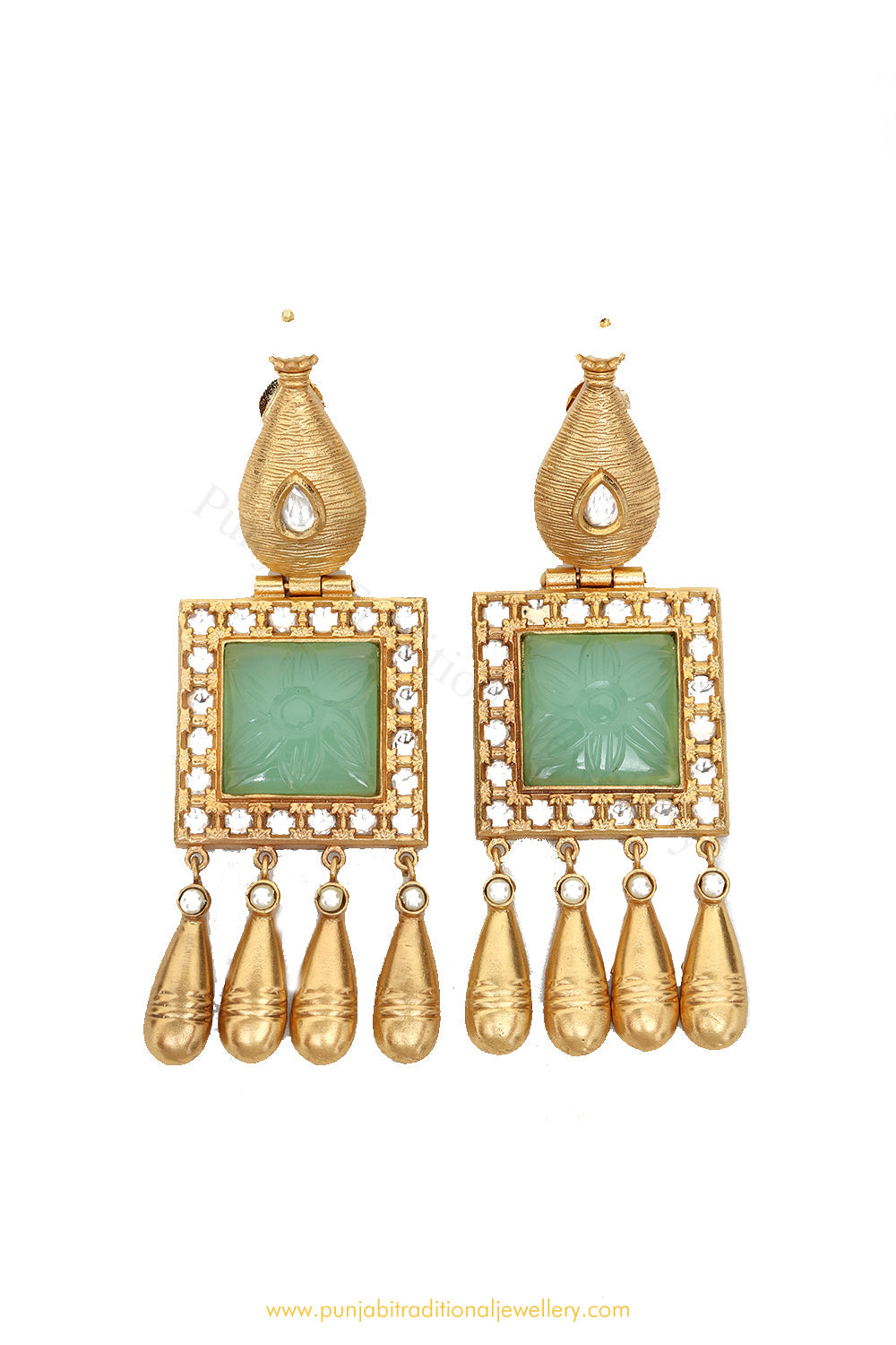 Gold Finished Mint Kundan Earrings by PTJ