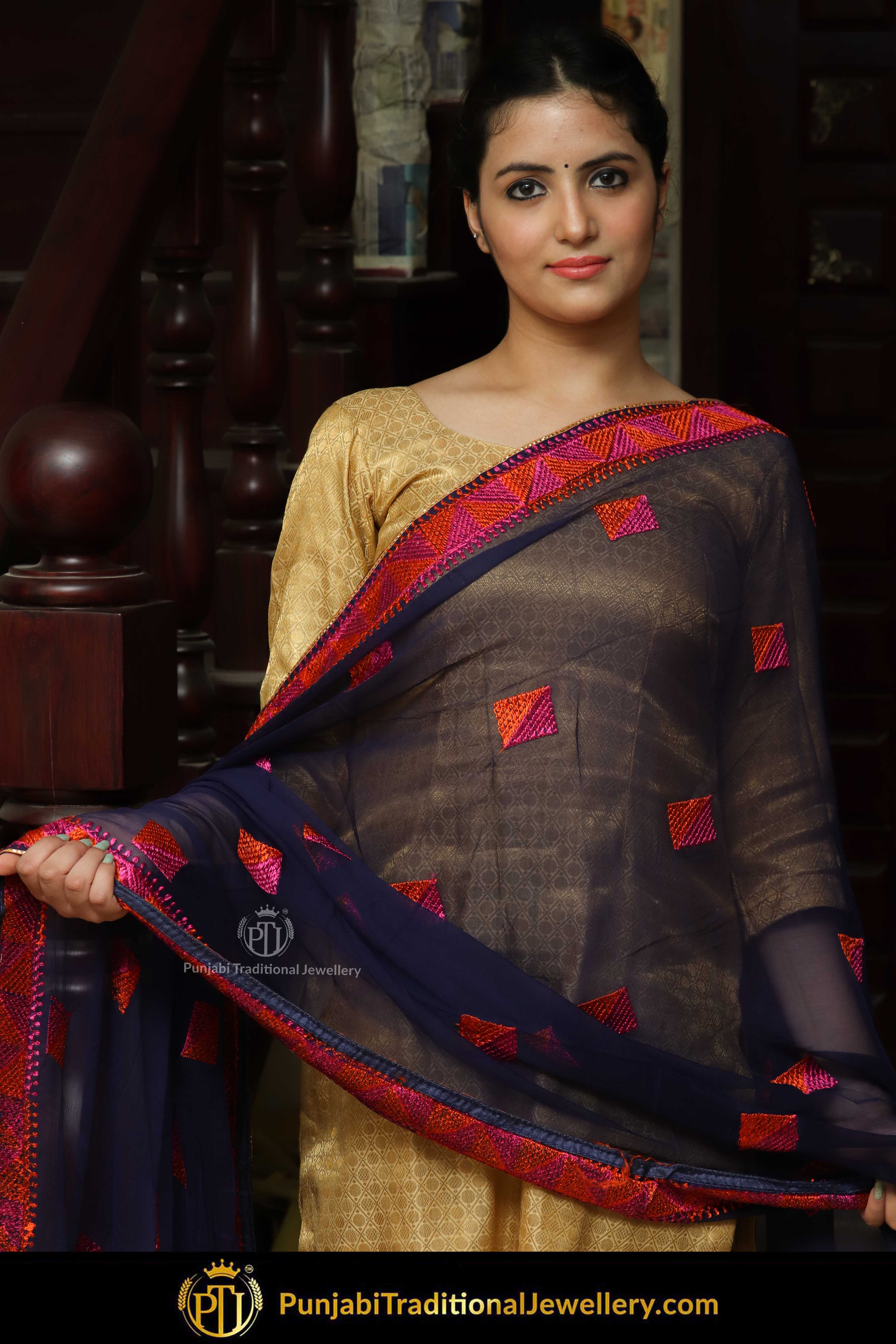 Blue & Red Color Pure Phulkari Dupatta By Punjabi Traditional Jewellery