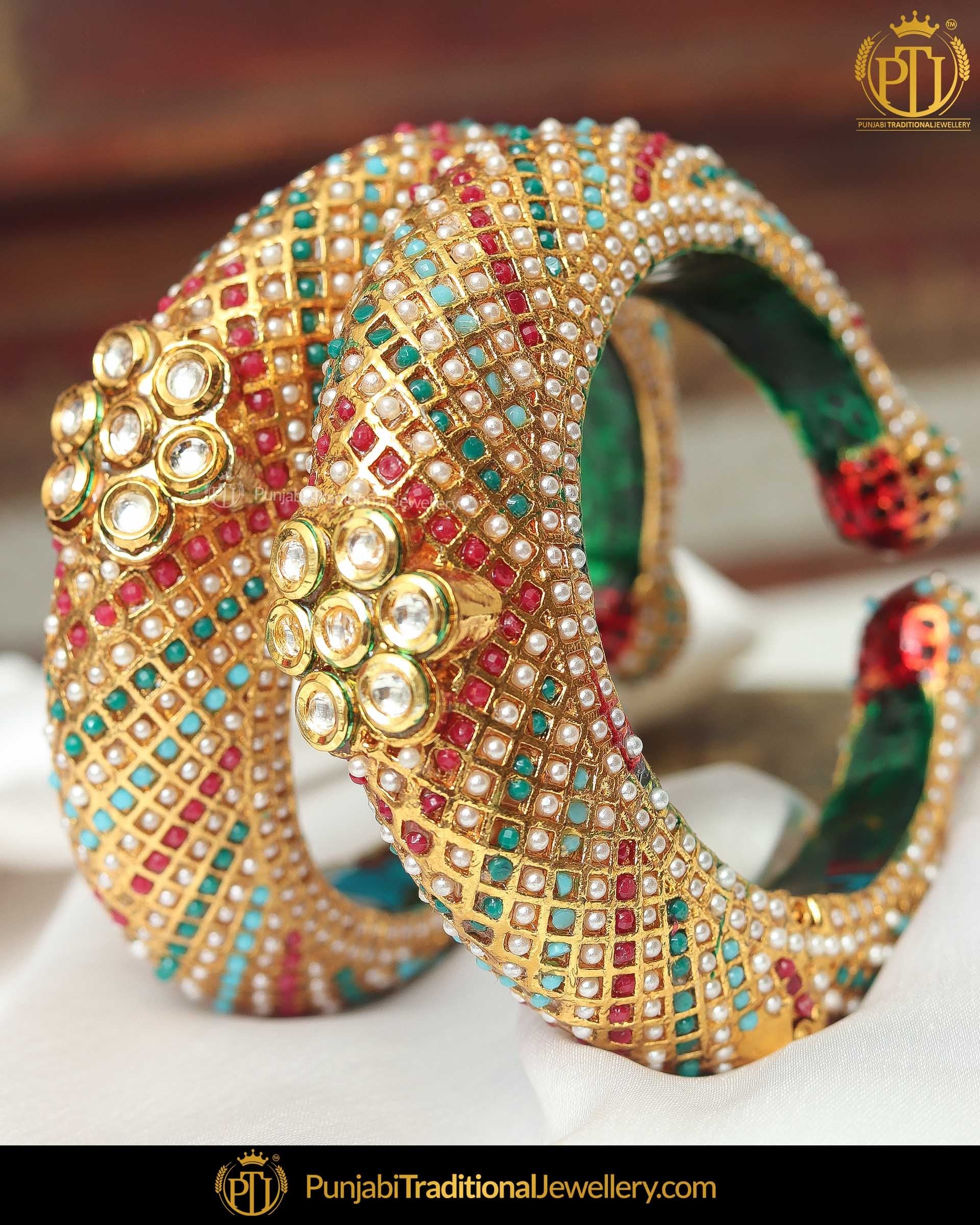 Gold Finished Multi Kundan Pearl Karra Bangles (Pair)| Punjabi Traditional Jewellery Exclusive