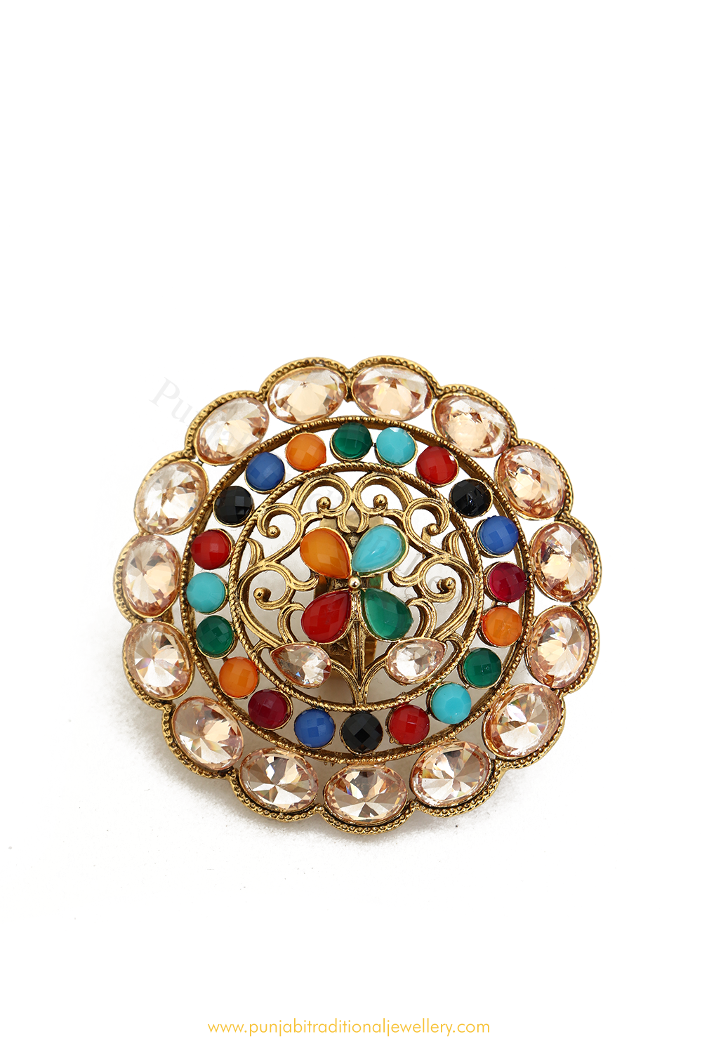 Antique Gold Finished Navratan Ring By PTJ