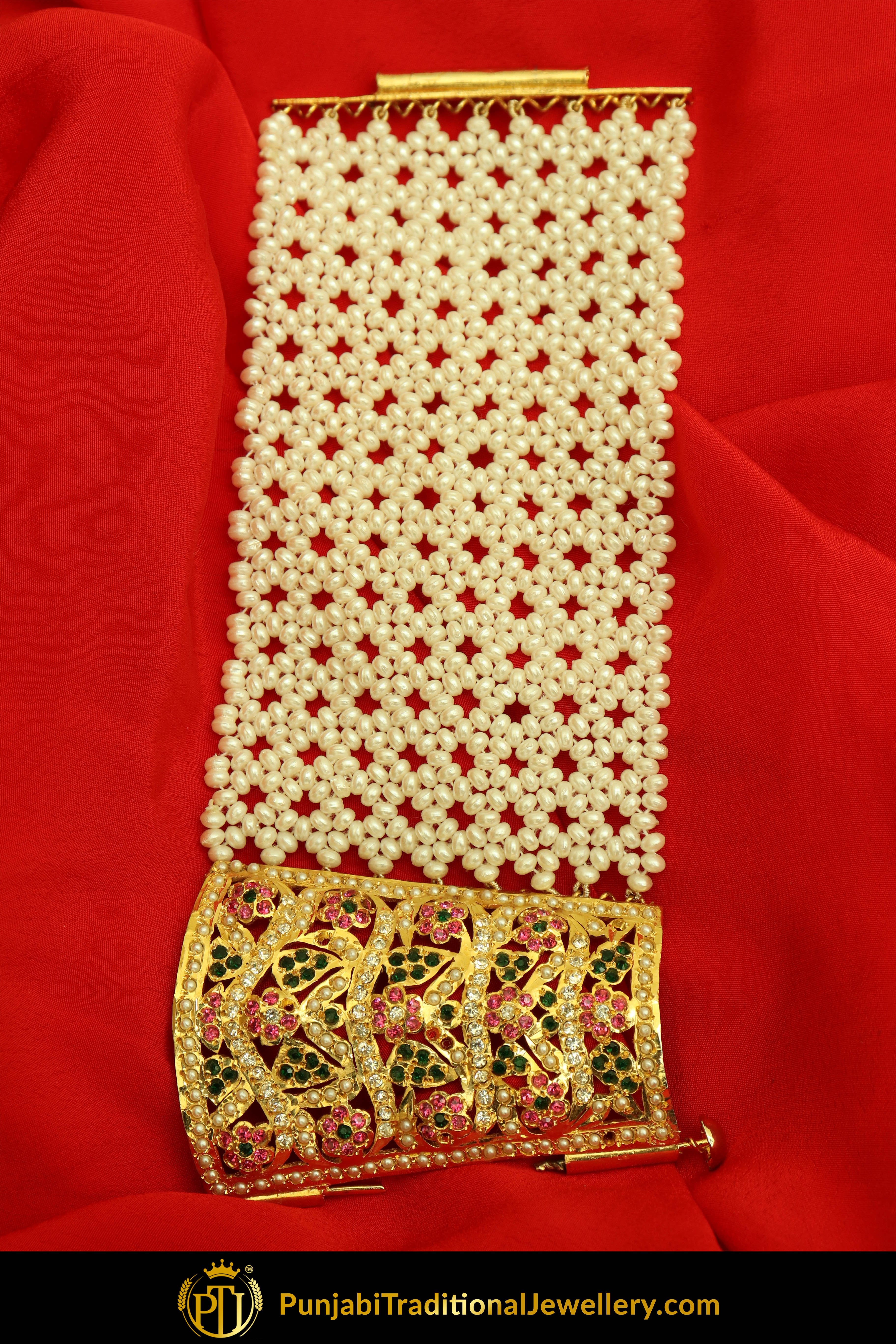 Lina Gold Finished Emerald Rubby Jadau Bracelet | Punjabi Traditional Jewellery Exclusive