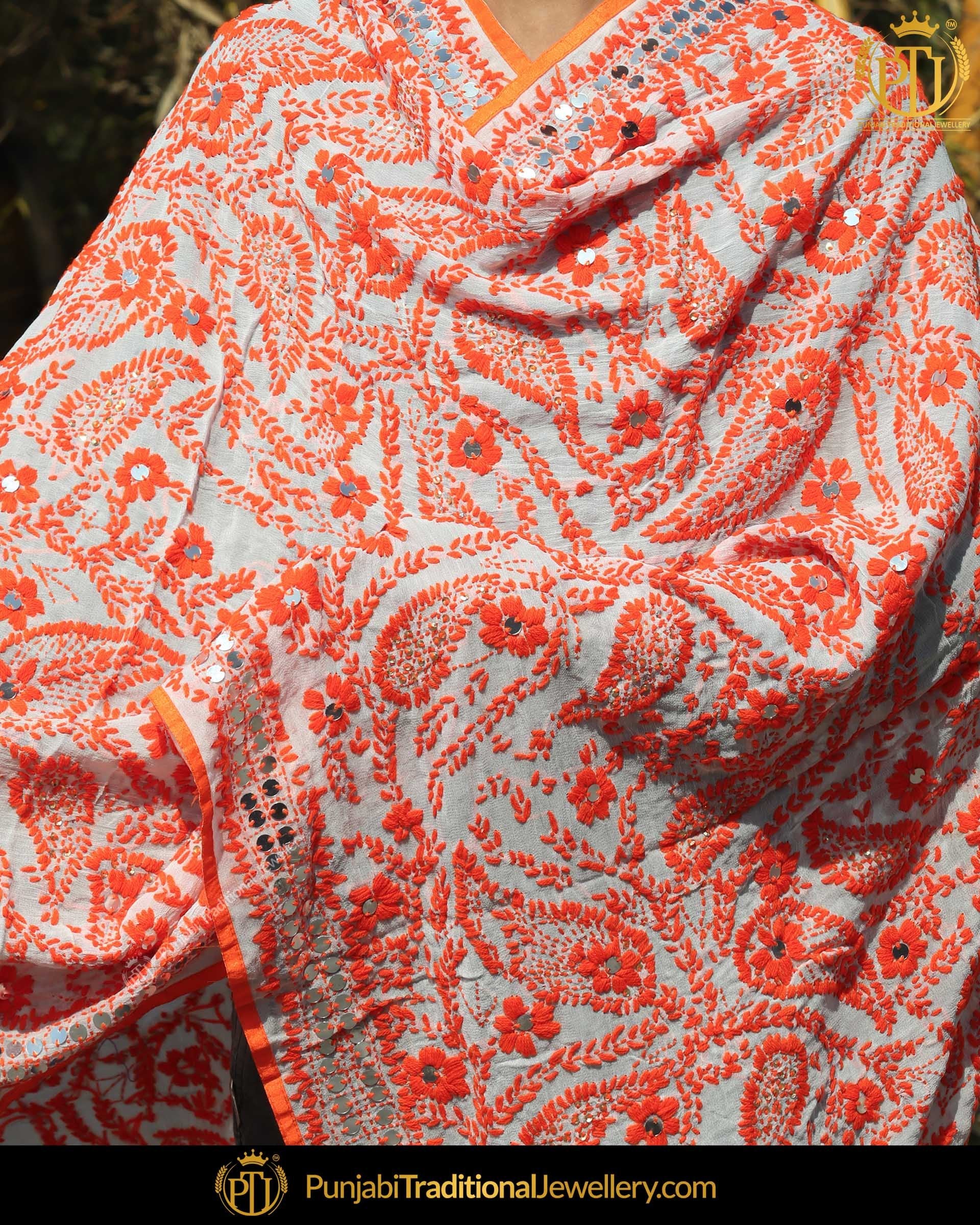 White Shade Orange Color Phulkari | Punjabi Traditional Jewellery Exclusive
