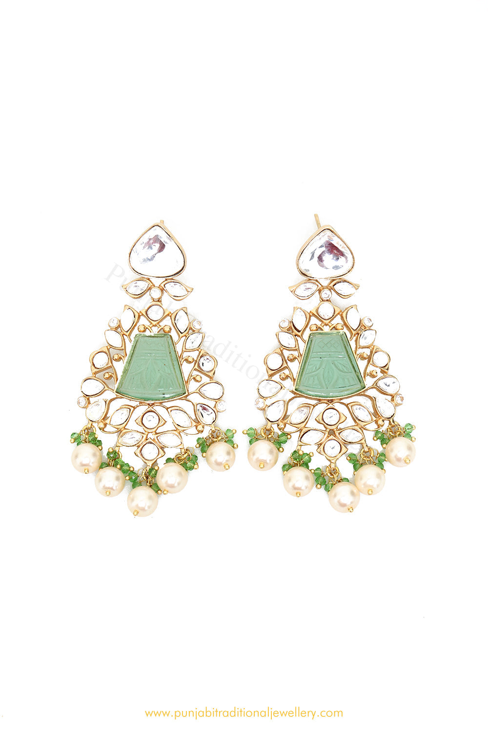 Gold Finished Mint Kundan Earrings by PTJ