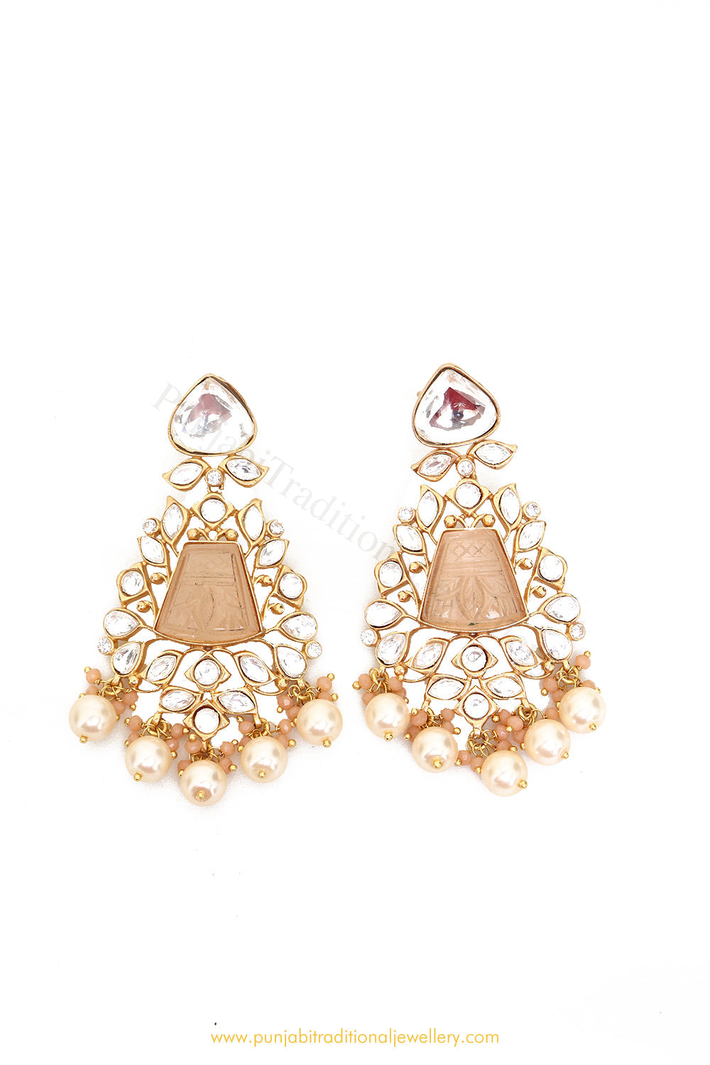 Gold Finished Peach Kundan Earrings by PTJ