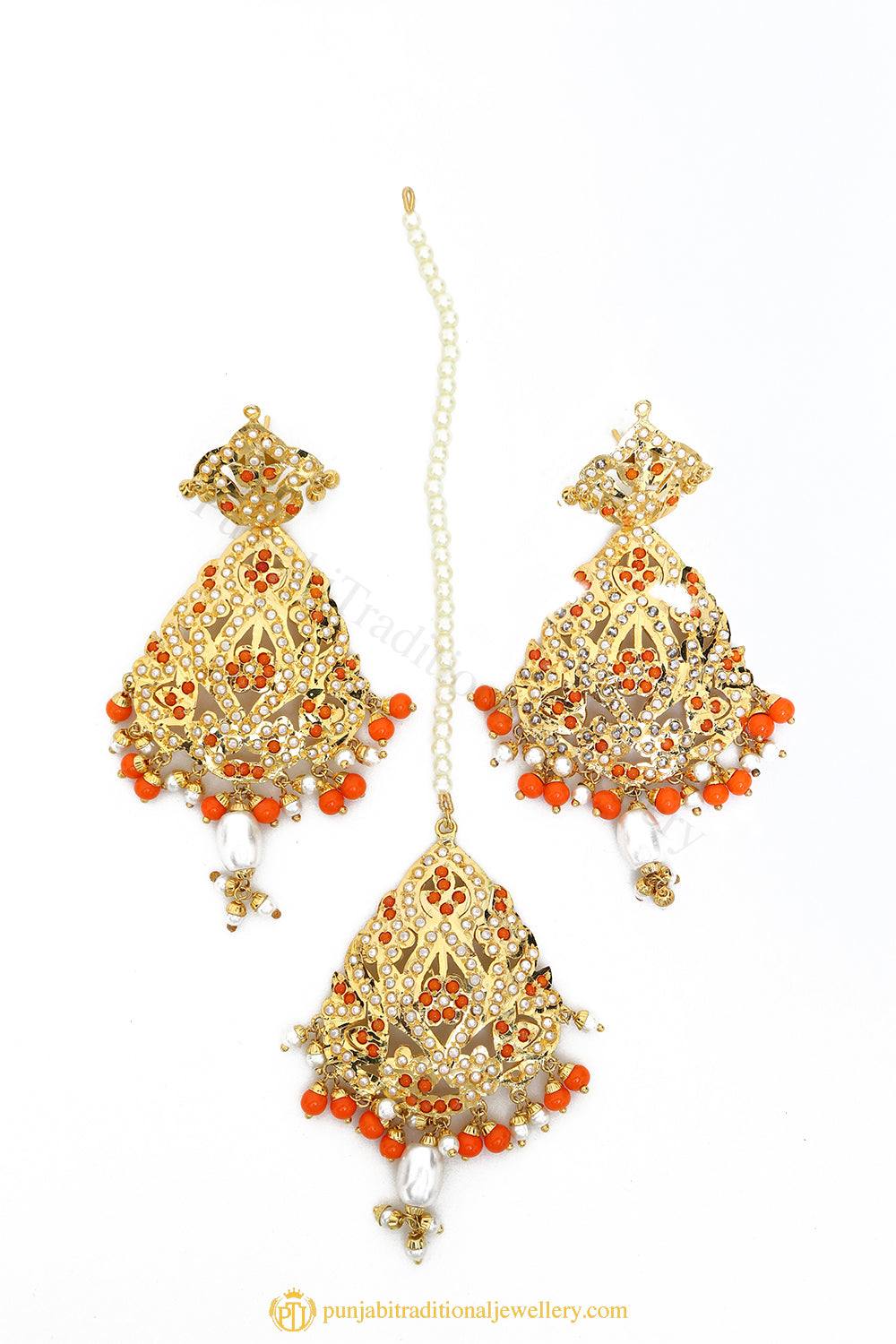Gold Finished Earrings & Tikka Set by PTJ
