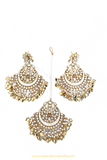 Gold Finished Pippal Patti Kundan Earrings & Tikka Set By PTJ