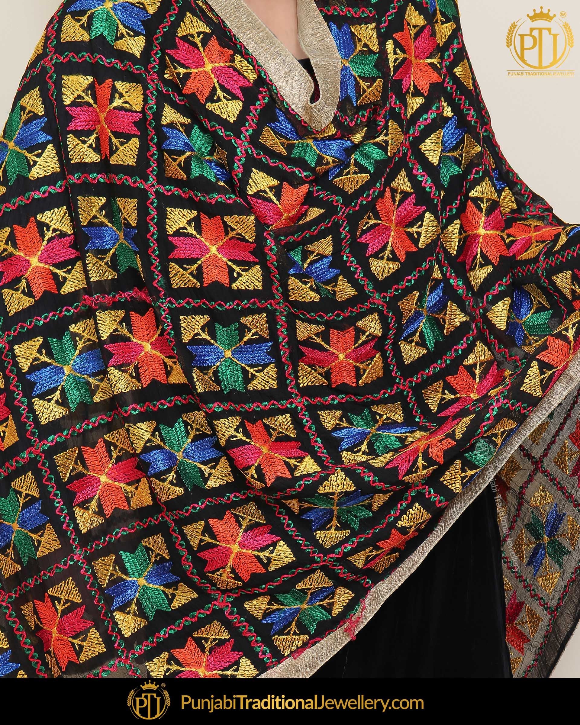 Black Shade Satrangi Color Phulkari | Punjabi Traditional Jewellery Exclusive