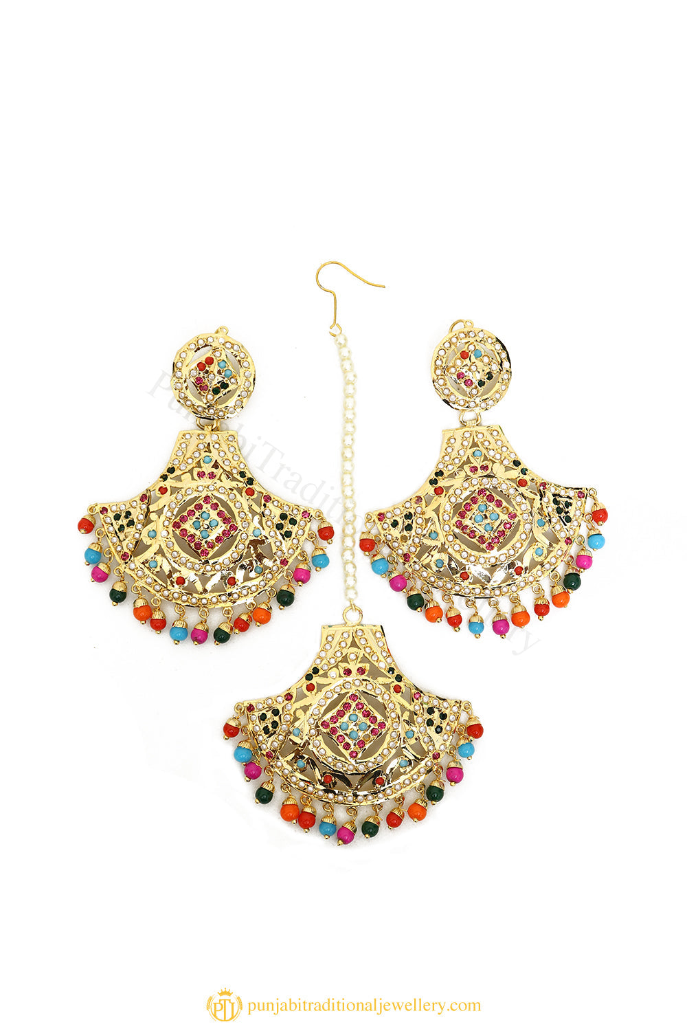Gold Finished Earrings & Tikka Set by PTJ