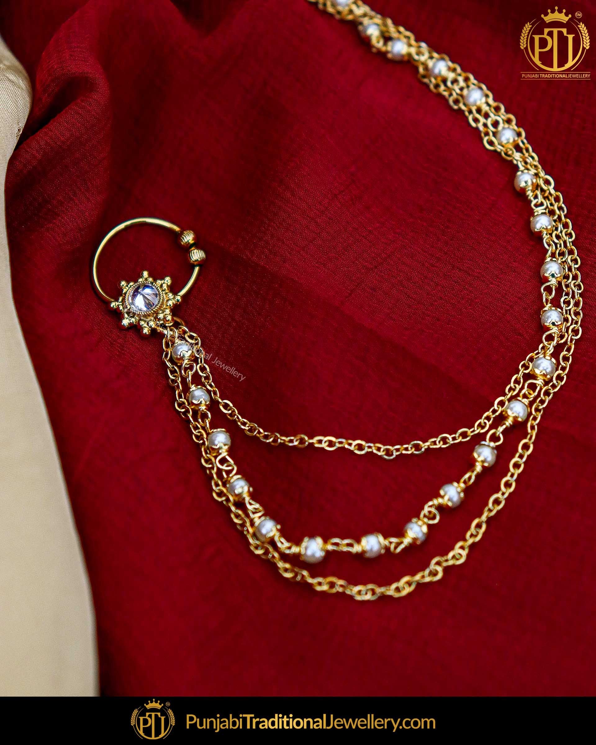 Gold Finished Without hole Nose Pin with Chain | Punjabi Traditional Jewellery Exclusive