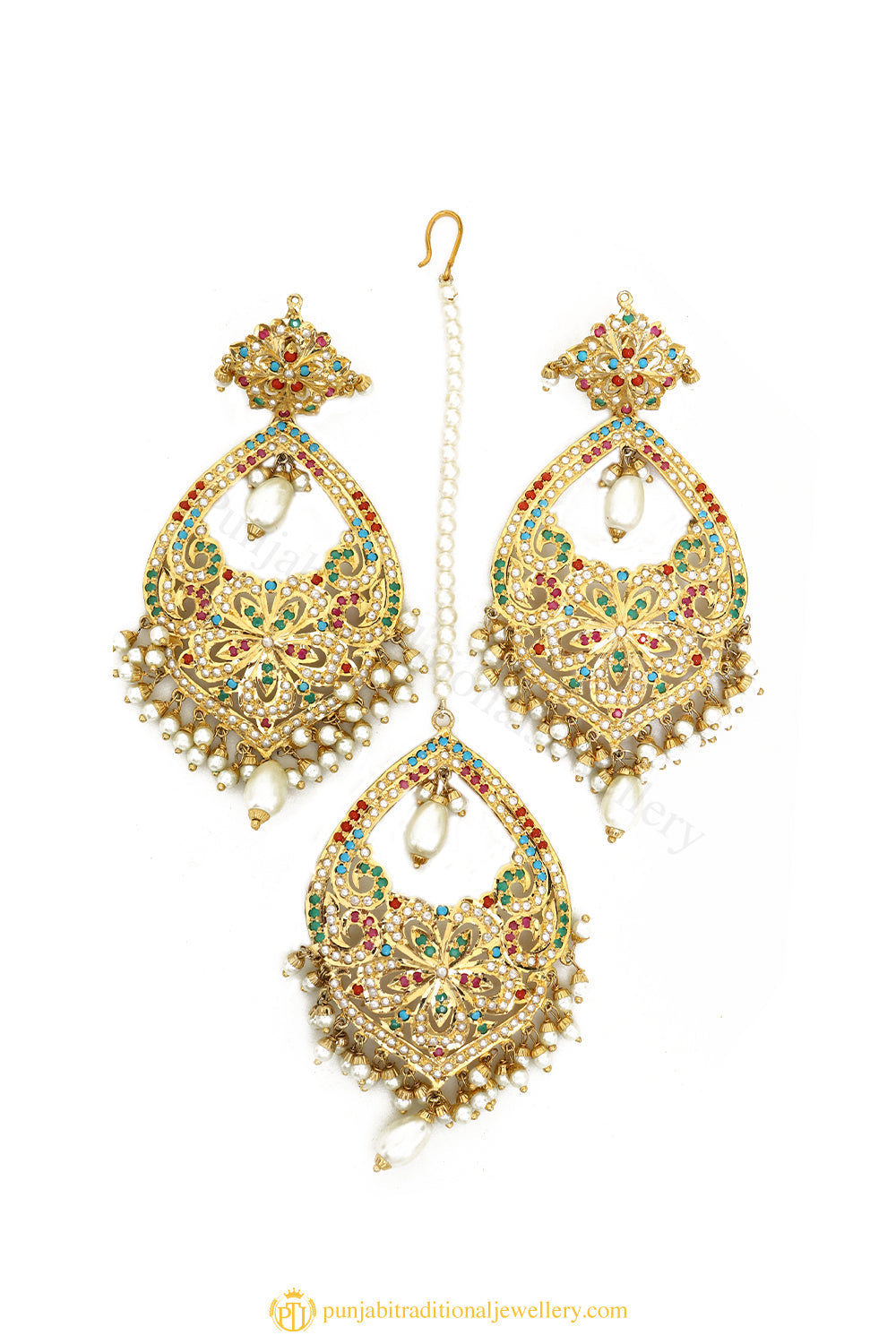 Gold Finished Earrings & Tikka Set by PTJ