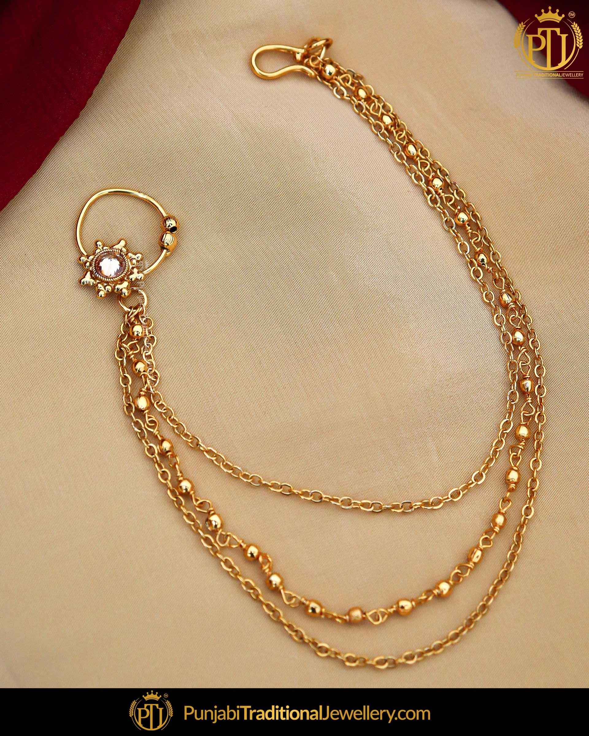 Gold Finished Without hole Nose Pin with Chain | Punjabi Traditional Jewellery Exclusive