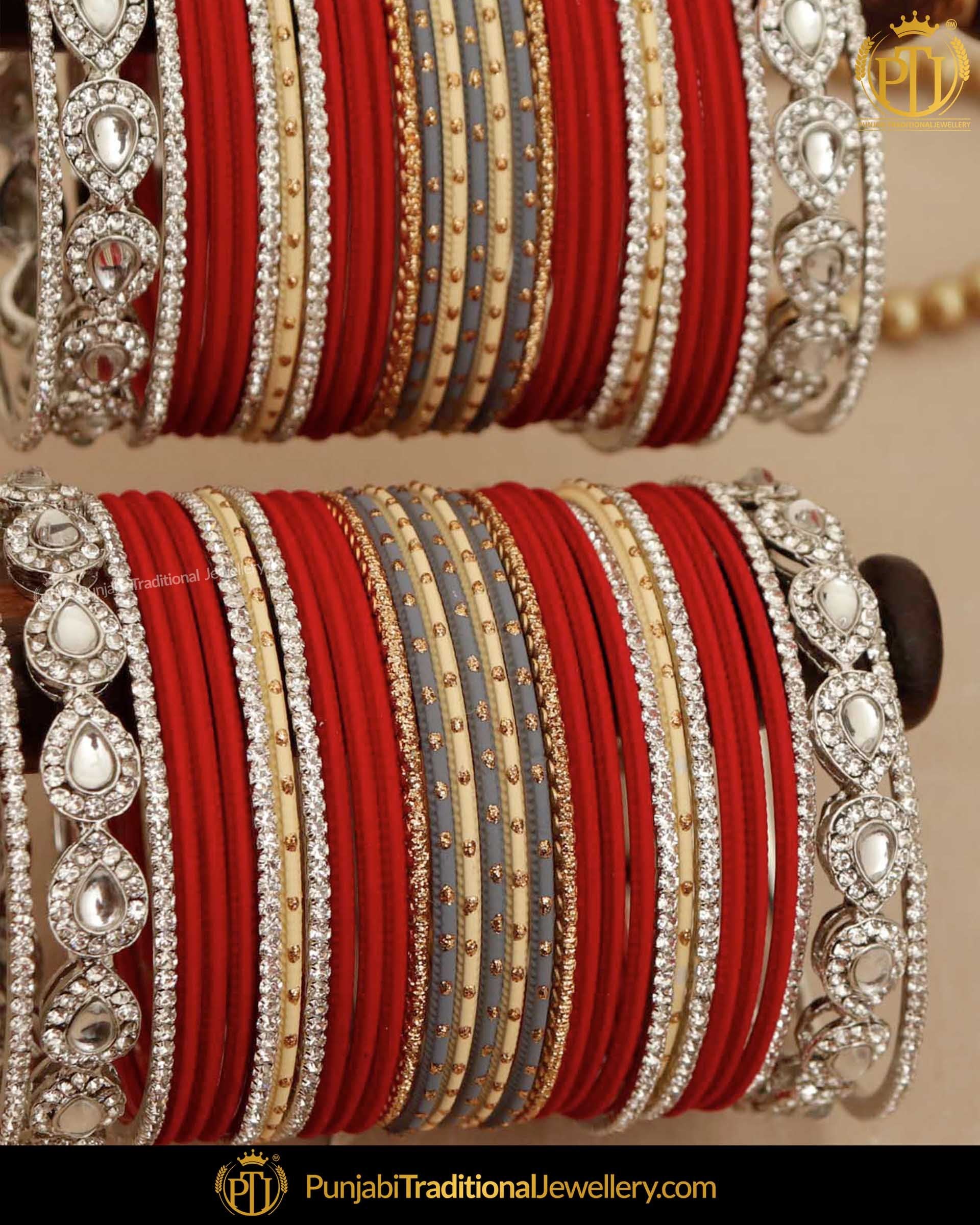 Red Silver Kundan (For Both Hands) Bangles Set | Punjabi Traditional Jewellery Exclusive