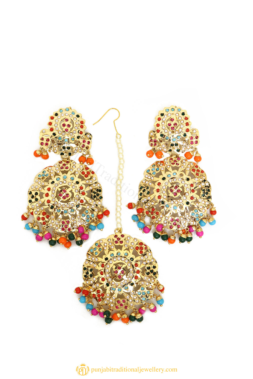 Gold Finished Earrings & Tikka Set by PTJ