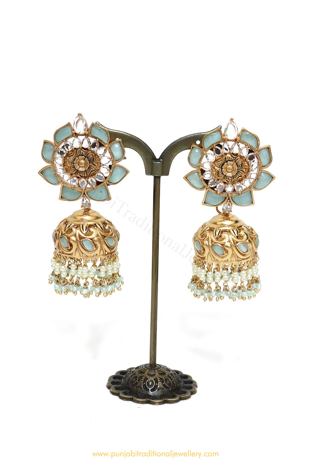Gold Finished Firoza Kundan Jhumki Earrings by PTJ