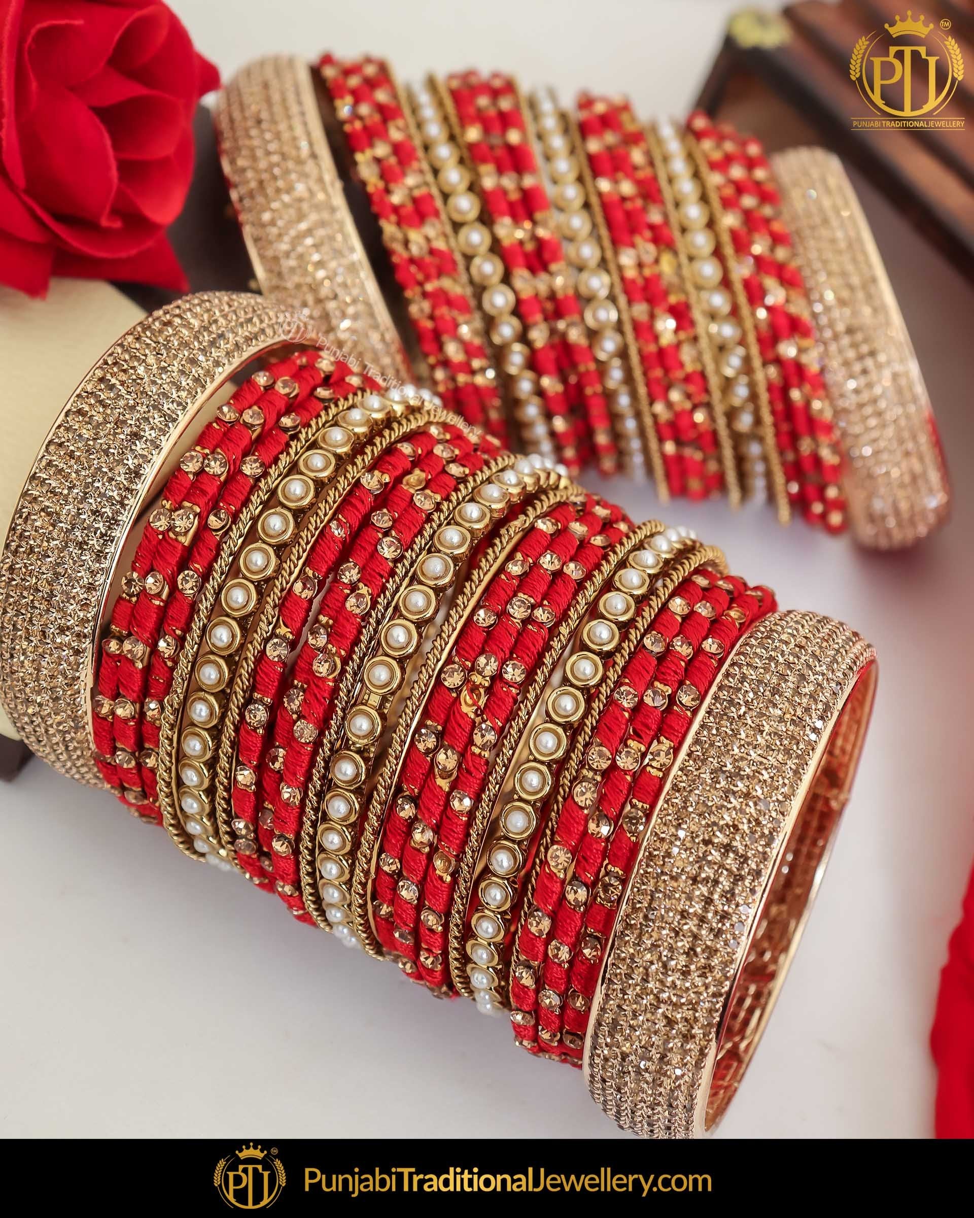 Red Pearl thread Bangle Set (Both Hand Pair) | Punjabi Traditional Jewellery Exclusive