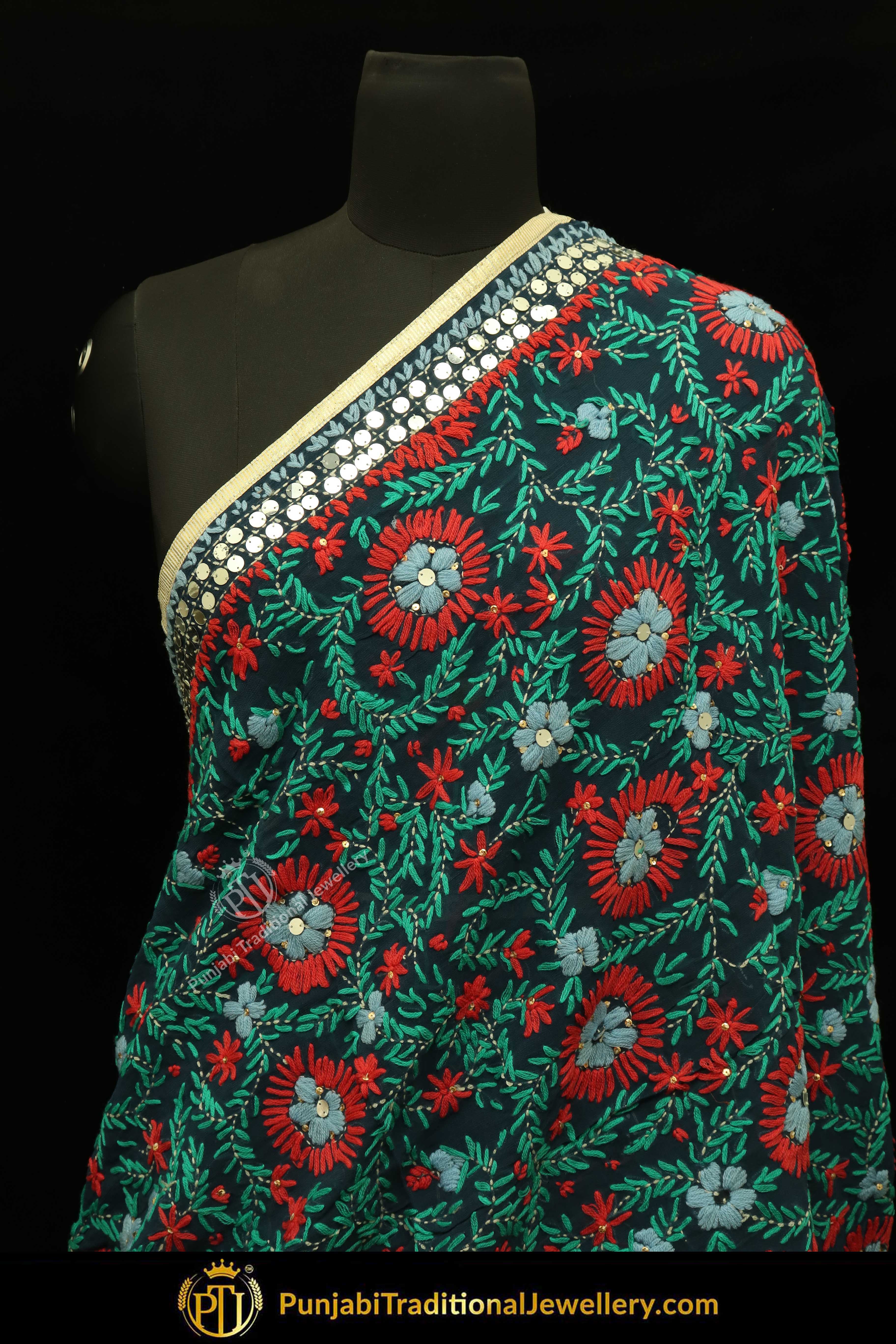 Red & Green Color Pure Phulkari Dupatta By Punjabi Traditional Jewellery