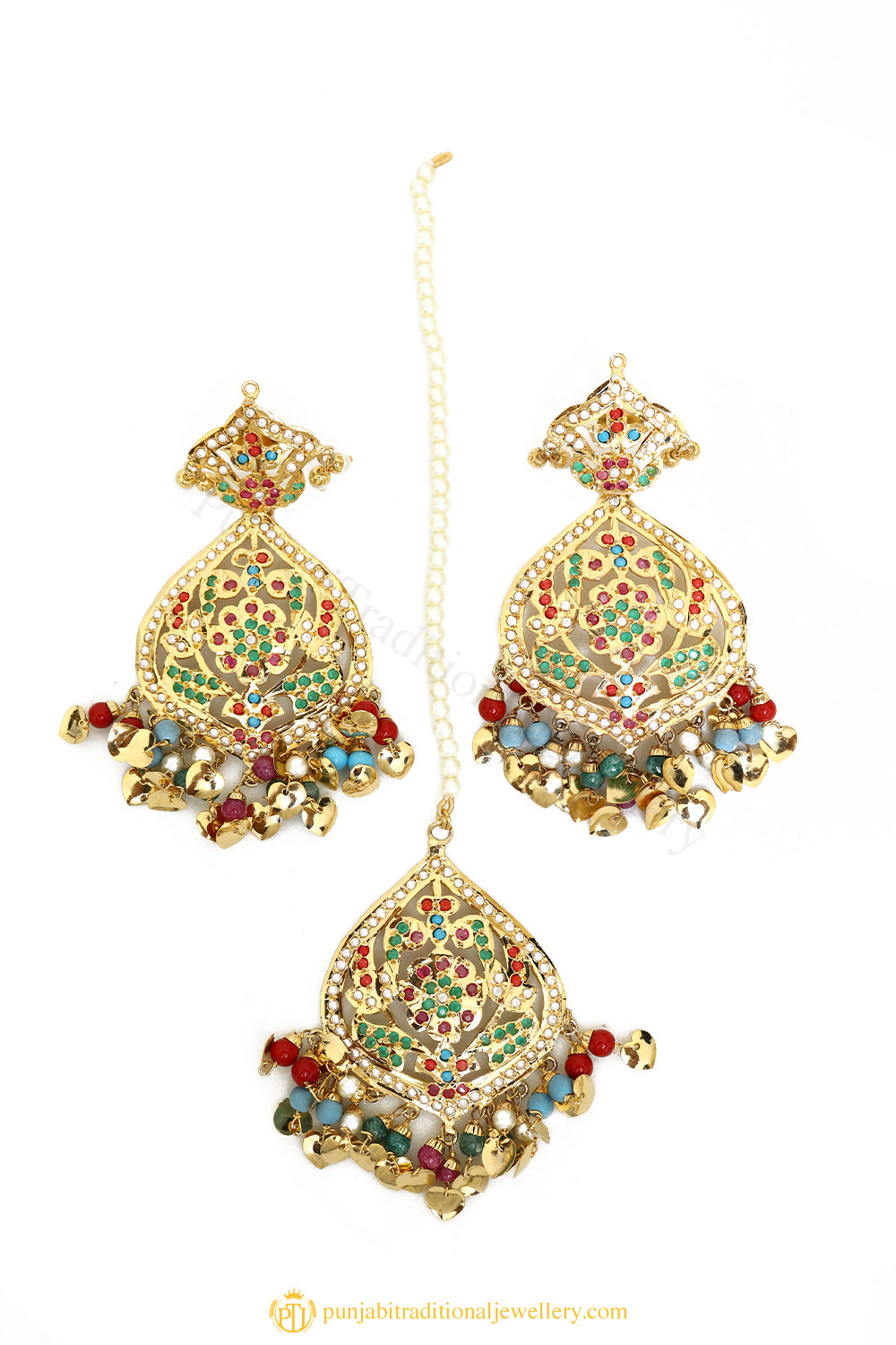 Gold Finished Earrings & Tikka Set by PTJ
