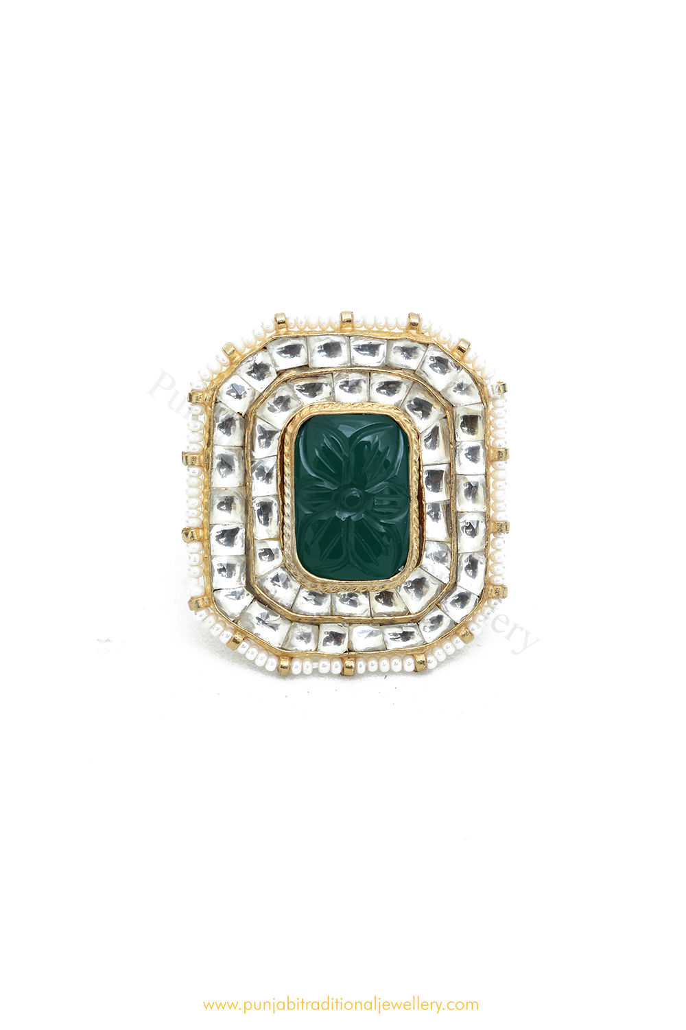 Gold Finished Emerald Kundan Ring By PTJ