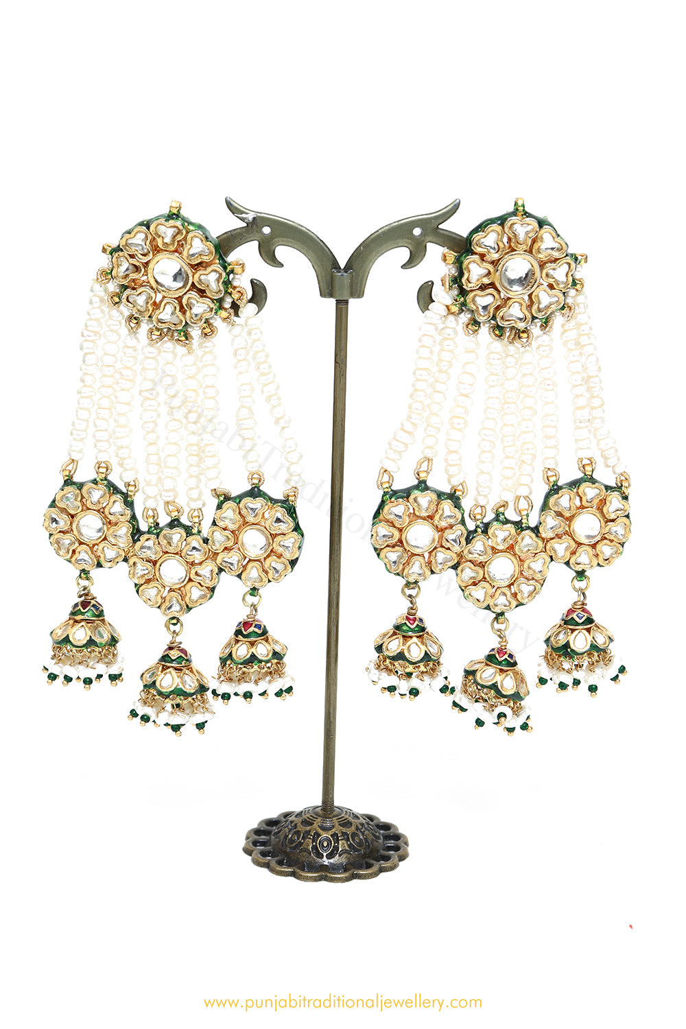 Gold Finished Semi Precious Pearl Kundan Earrings by PTJ