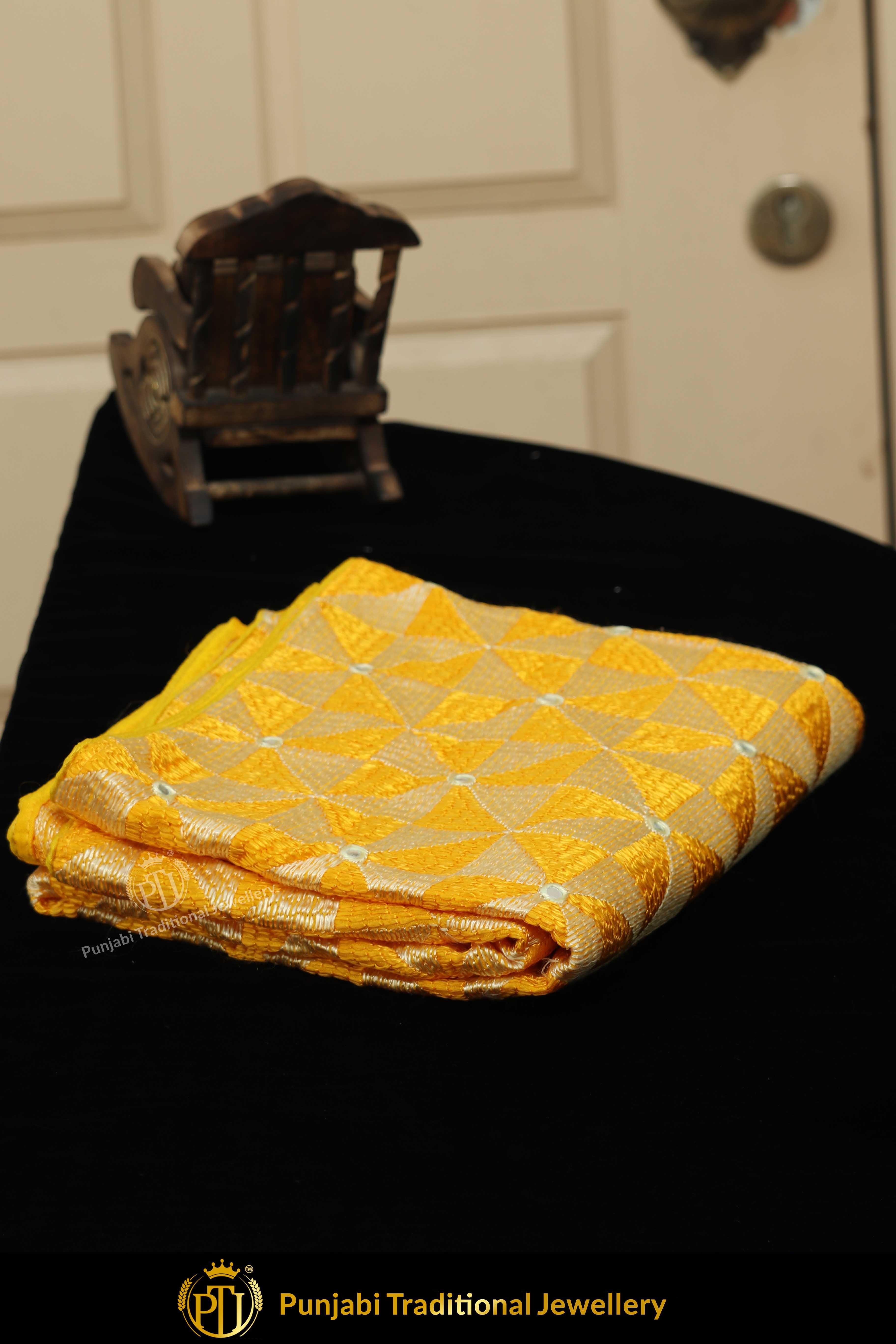 Golden Color Pure Phulkari Dupatta By Punjabi Traditional Jewellery