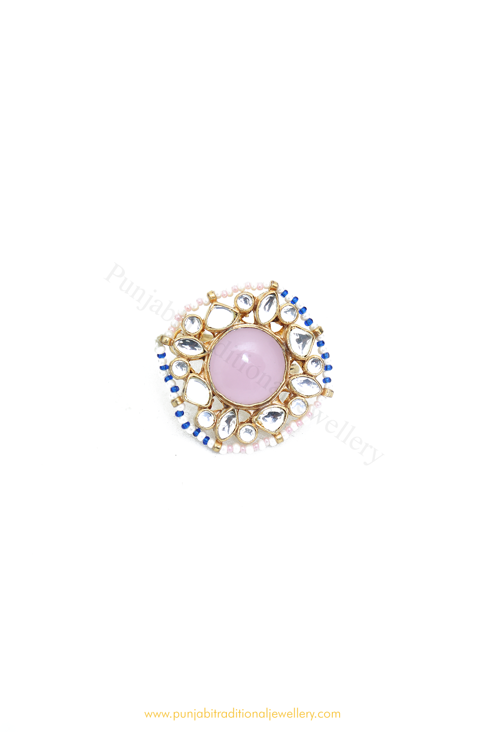 Gold Finished Pink Kundan Ring By PTJ