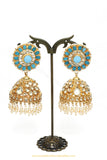 Gold Finished Kundan Firoza Jhumki Earrings by PTJ