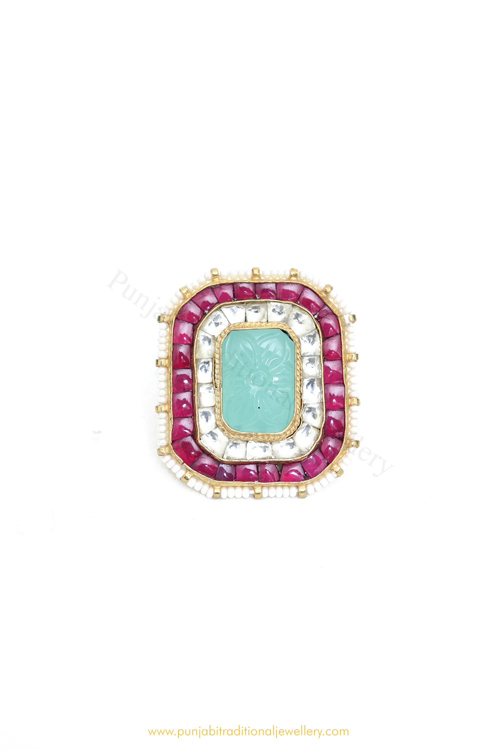 Gold Finished Rubby Emerald Kundan Ring By PTJ