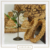 Jahanara Antique Gold Pearl Opneable Karra Bangle (Pair) & Jhumki Earrings  | Punjabi Traditional Jewellery
