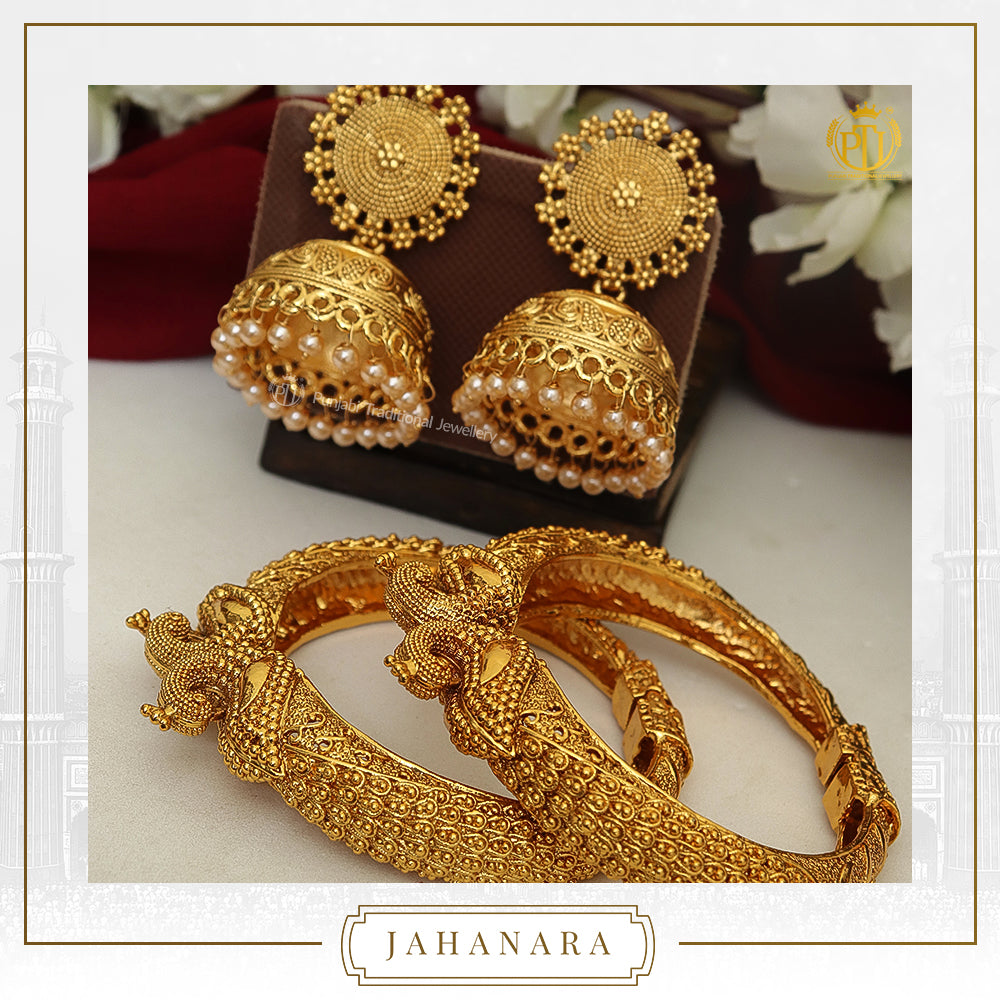 Jahanara Antique Gold Pearl Opneable Morni Karra Bangle (Pair) & Jhumki Earrings  | Punjabi Traditional Jewellery