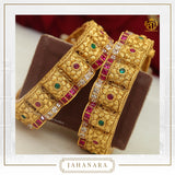 Jahanara Antique Gold Rubby Emerald Opneable Karra Bangle (Pair) | Punjabi Traditional Jewellery