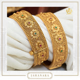 Jahanara Antique Gold Rubby Emerald Opneable Karra Bangle (Pair) | Punjabi Traditional Jewellery