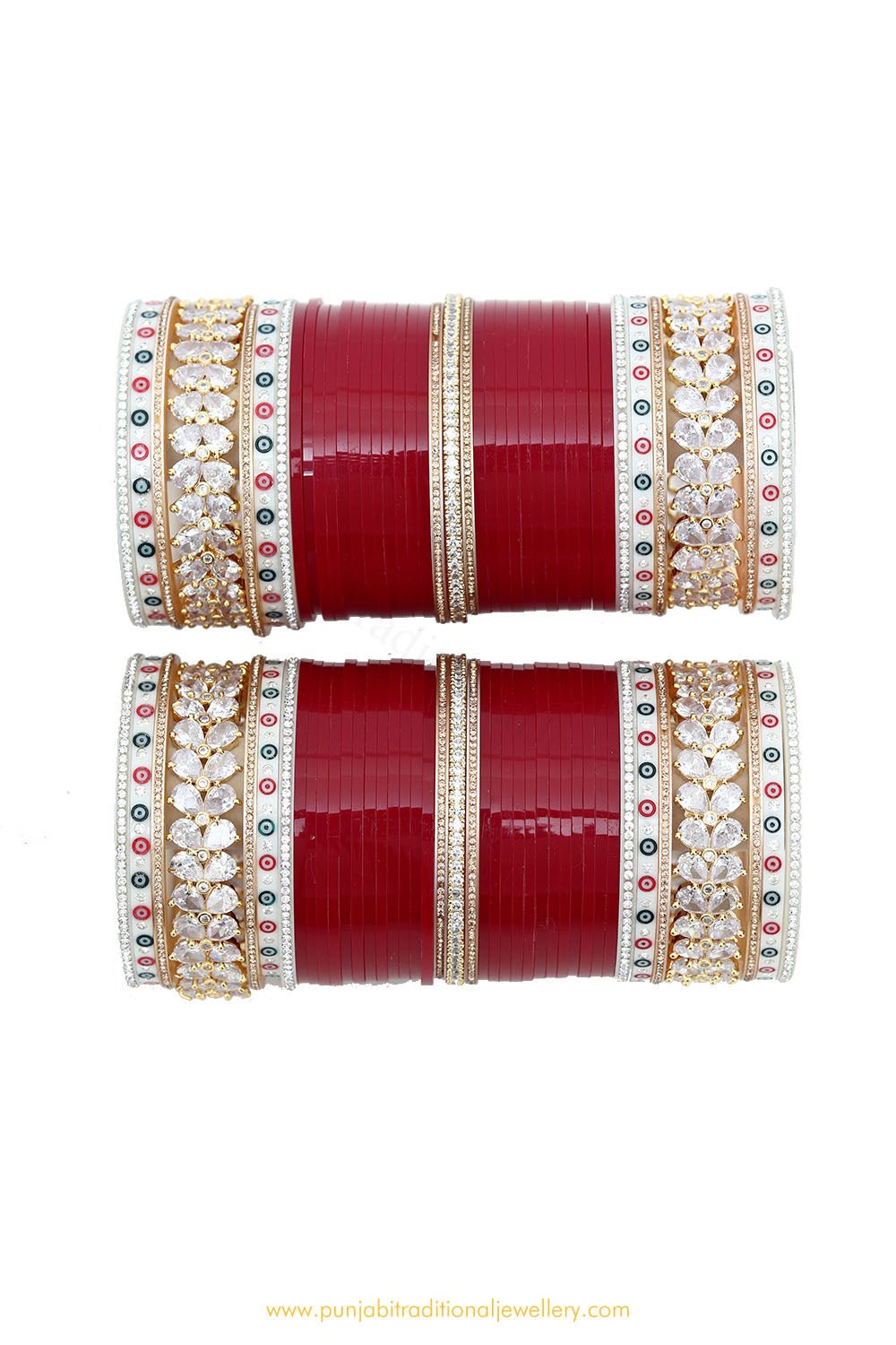 Deep Red Colour American Diamond Dotted Bridal Chura By PTJ