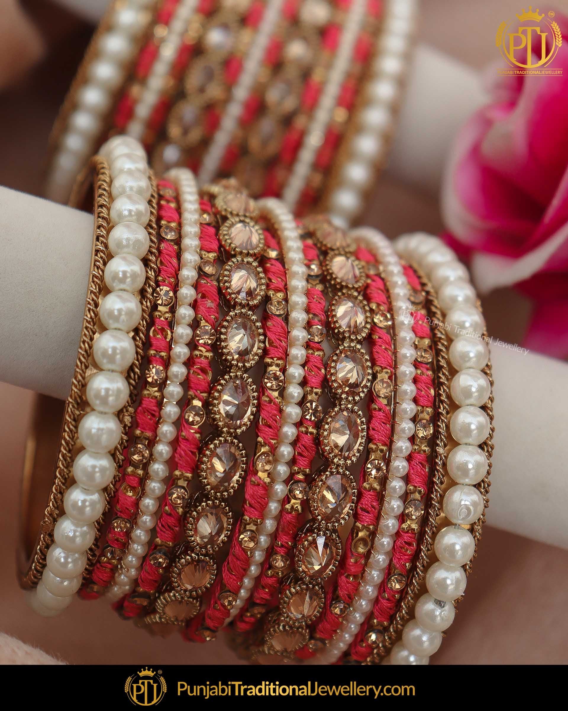 Pink Thread Champagne Stone Bangles Set (Both Hand Pair) | Punjabi Traditional Jewellery Exclusive