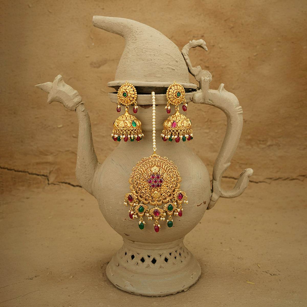 Sana Ranihaar Earrings Tika Set Handcrafted Gold Plated