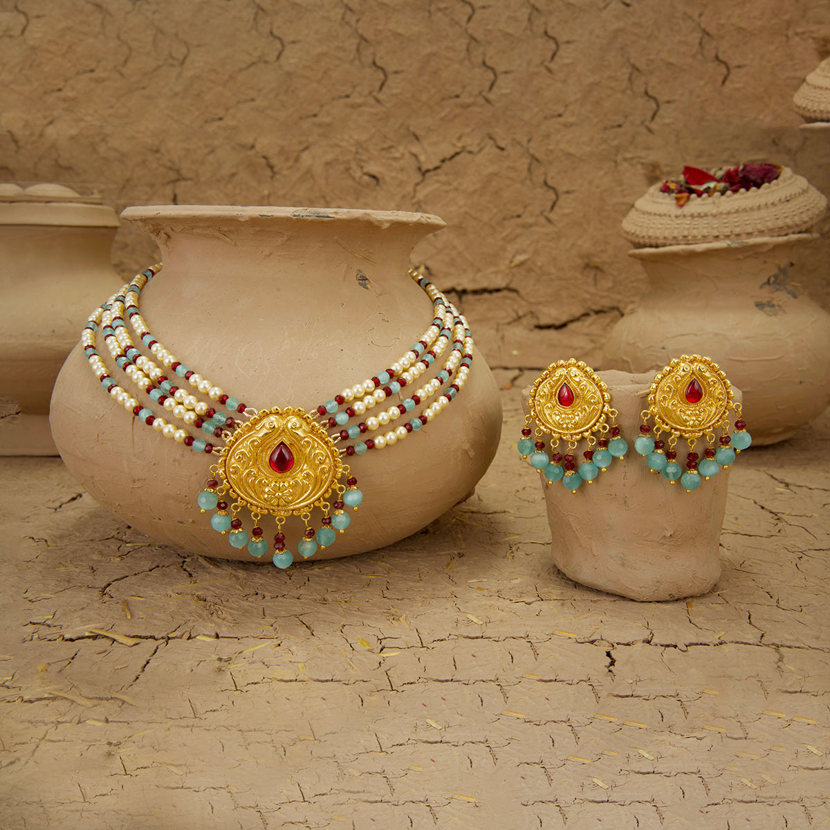 Zohra Necklace Earrings Tikka Handcrafted Gold Plated