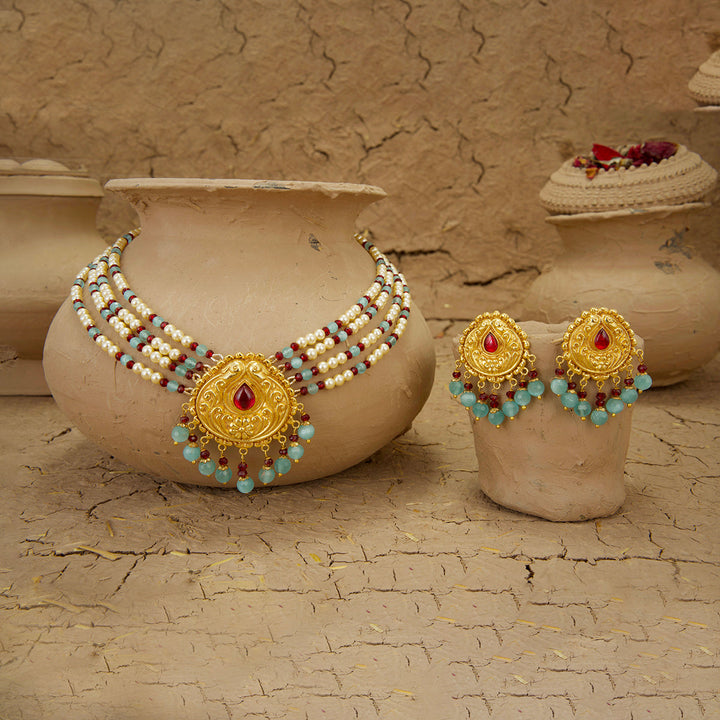 Zohra Necklace Earrings Tikka Handcrafted Gold Plated