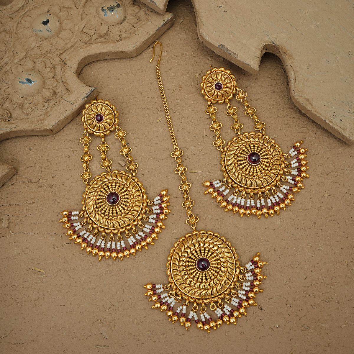 Roohi Ranihaar Earrings Tika Set Handcrafted Gold Plated